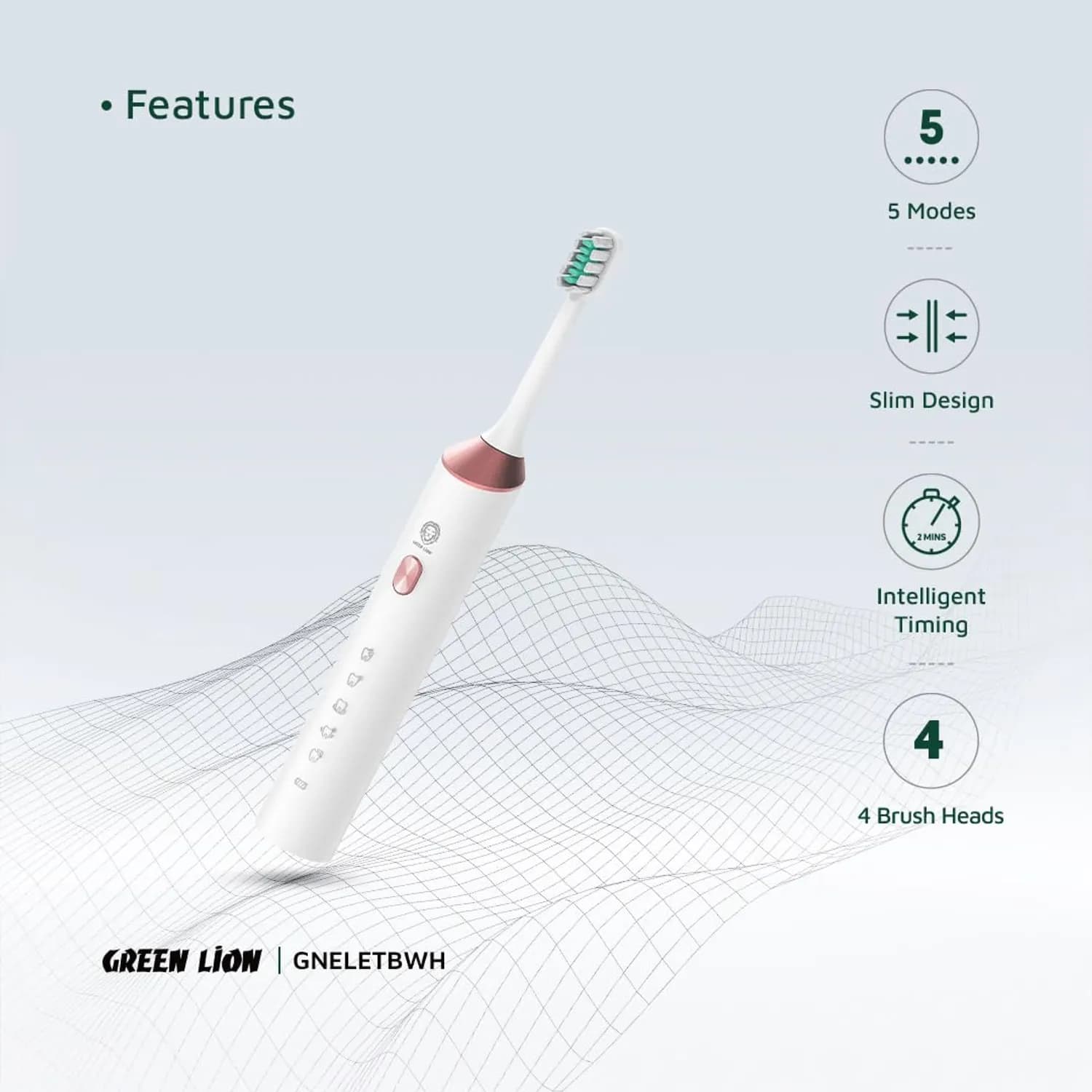 Green Lion Electric Toothbrush - 4 Brush Heads, Sensitive Care, White — Pink 3