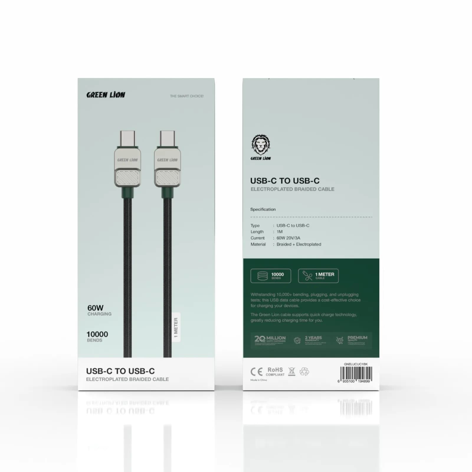 Green Lion USB-C to USB-C Electroplated Braided Cable - Black + Dark G 2