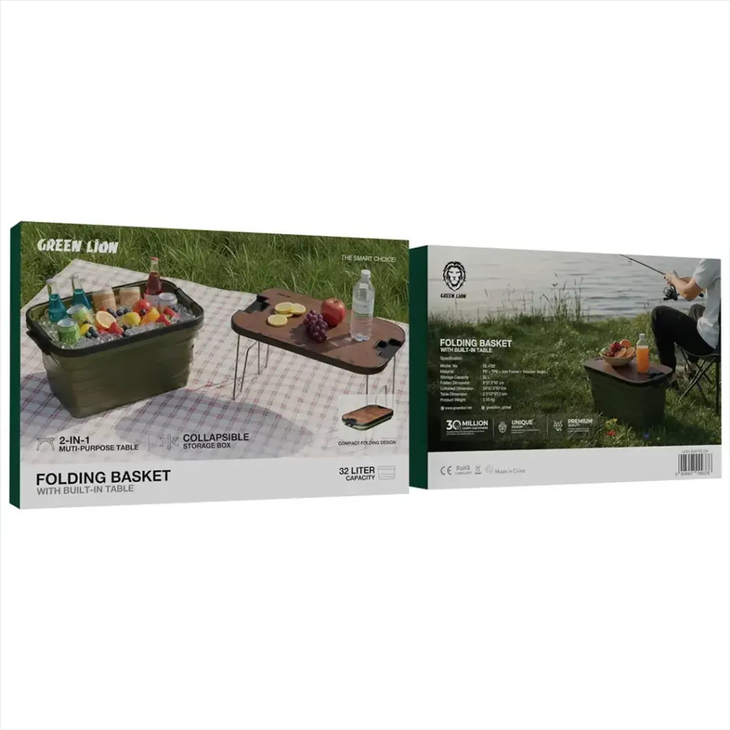 Green Lion Camping Basket - 32L Folding with Built-in Table, Green 3