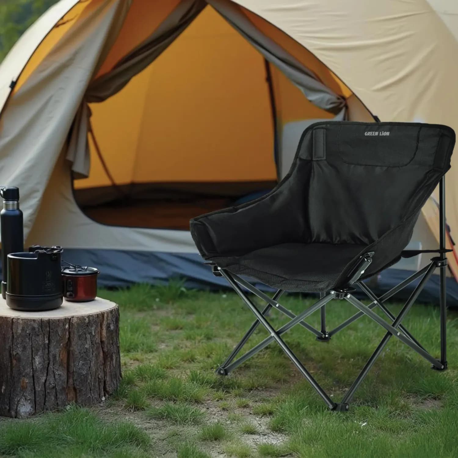 Green Lion Camping Chair - Foldable, 100KG Capacity, Black 2