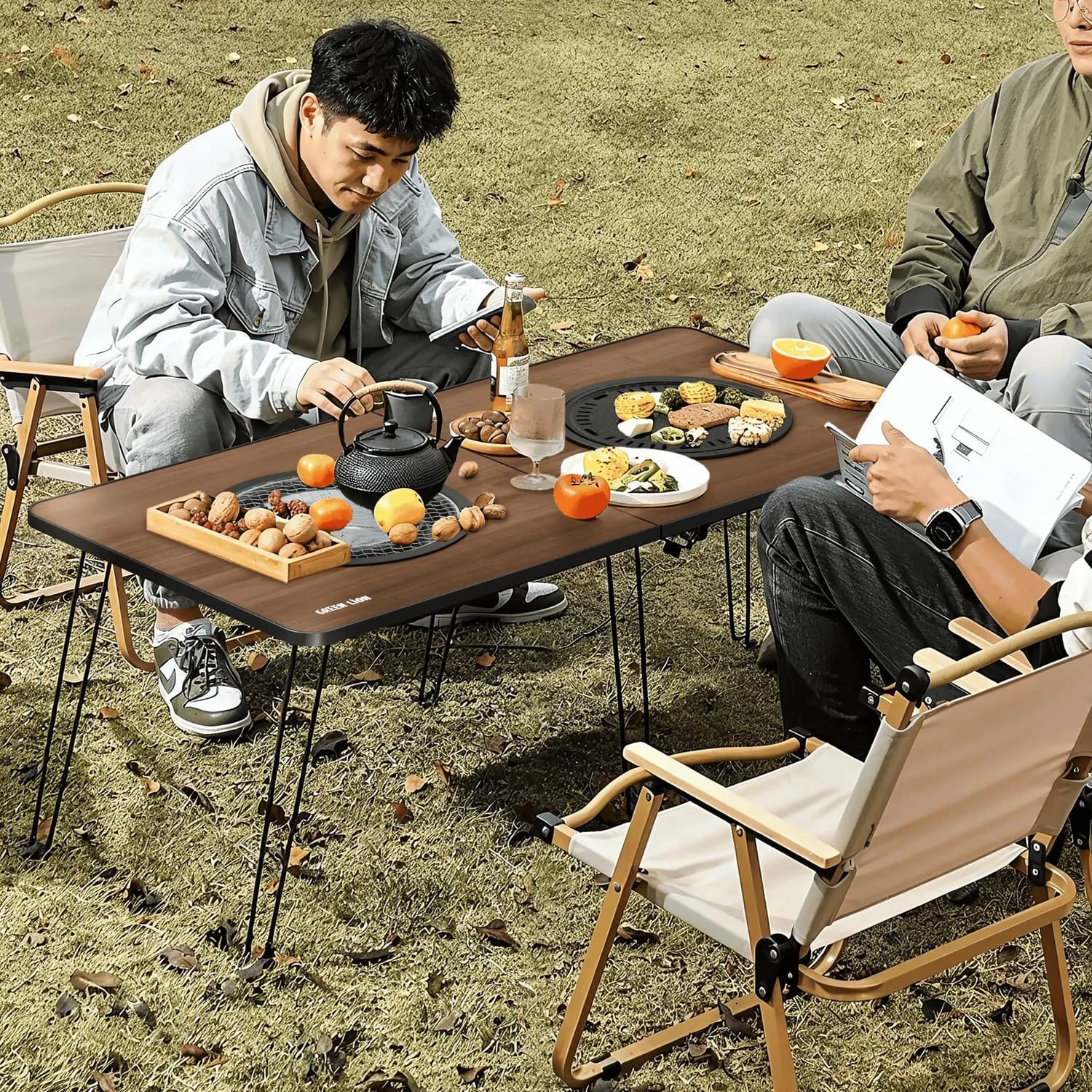 Green Lion Camping Table - Foldable with Steel Mesh Grill, Wood 2