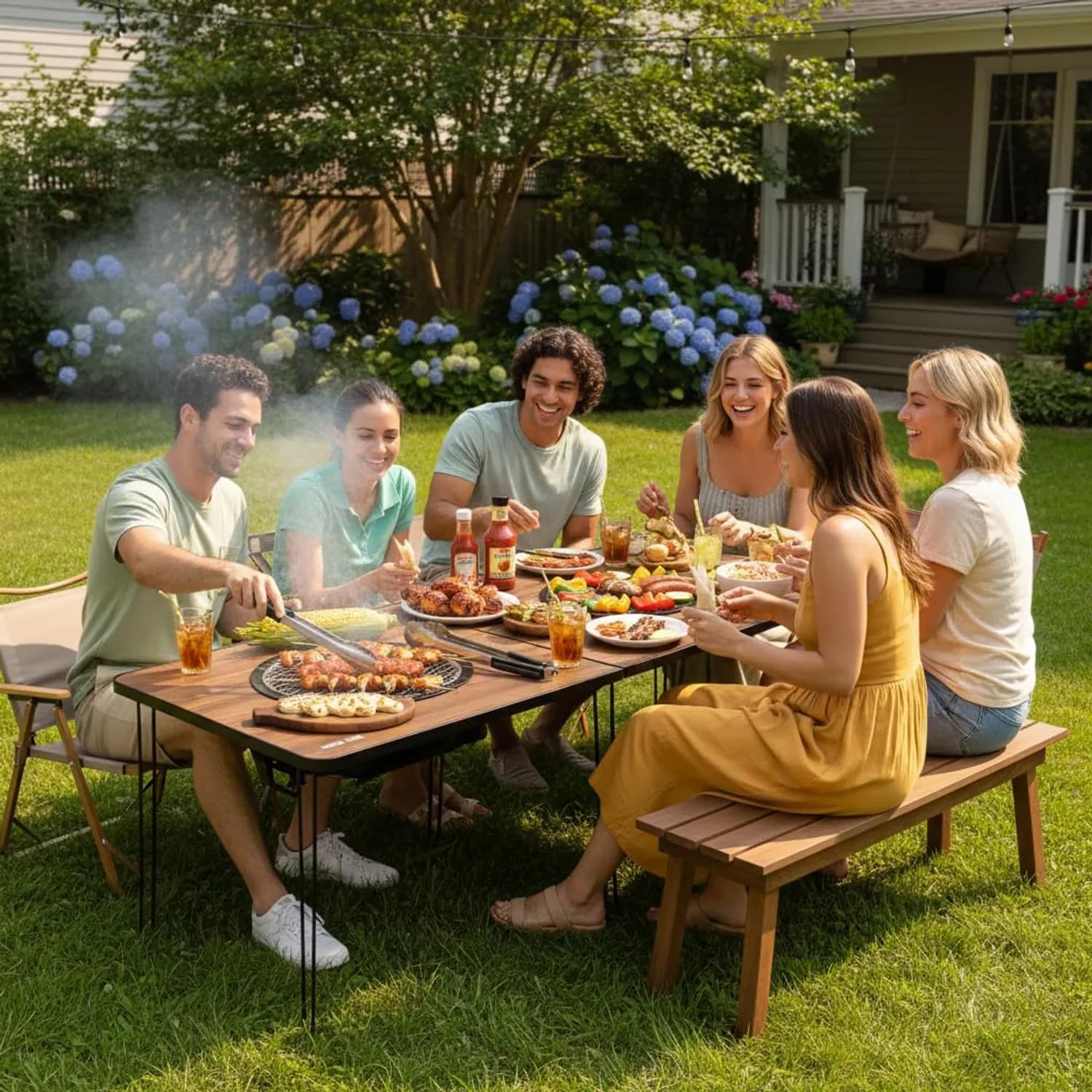 Green Lion Camping Table - Foldable with Steel Mesh Grill, Wood 4