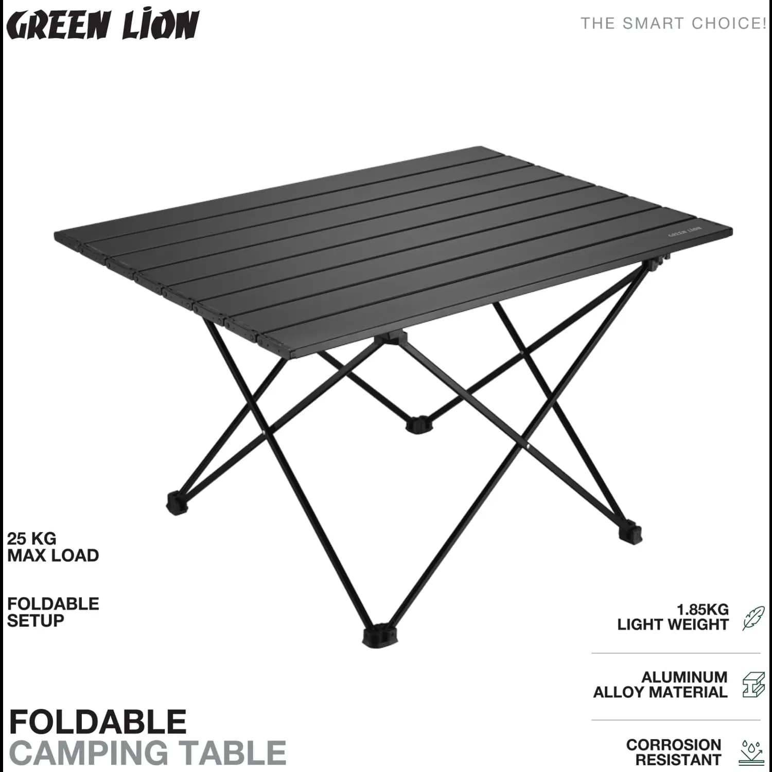 Green Lion Camping Table - Foldable, Wood Grain, Black 3