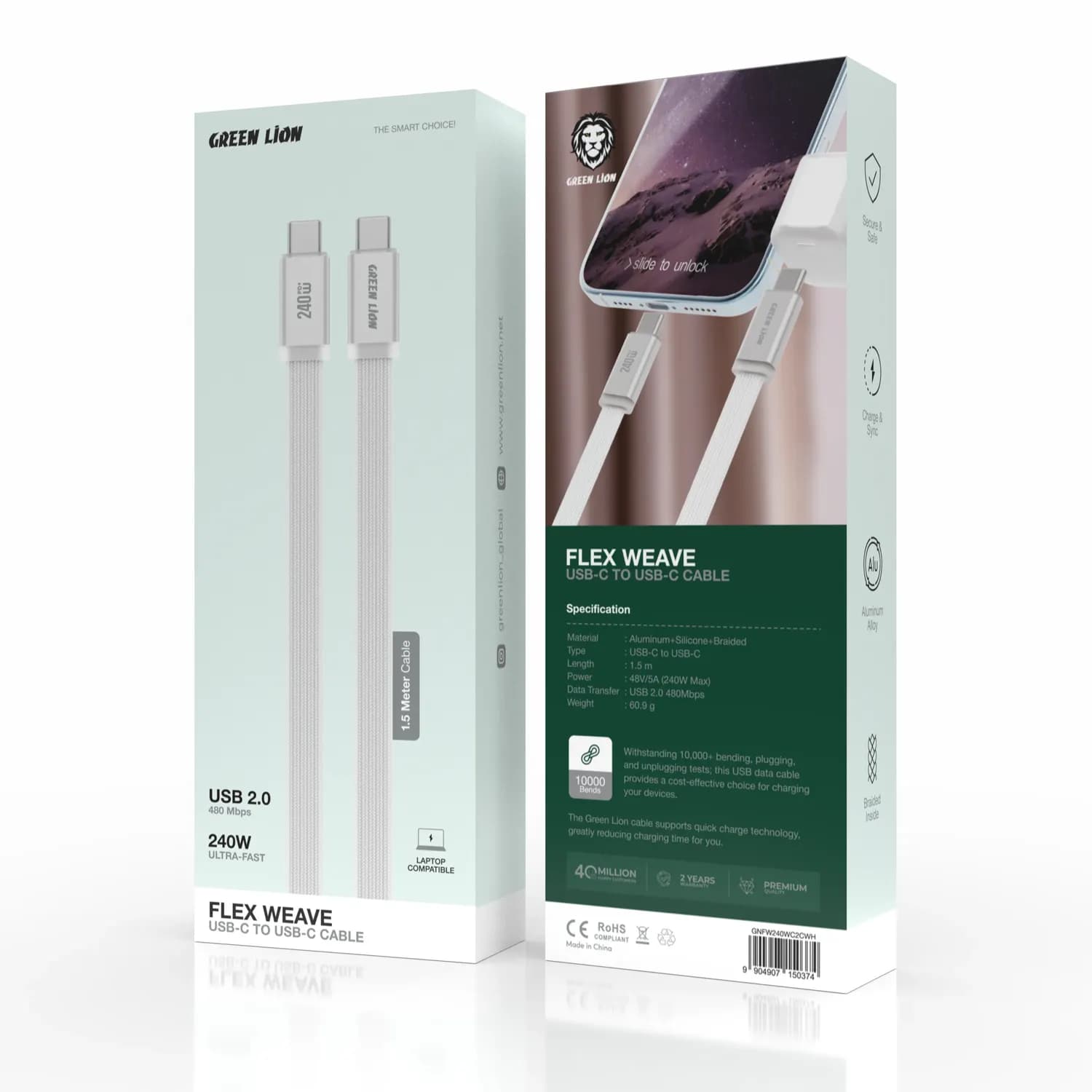 Green Lion USB-C Cable - 240W Fast Charging, 1.5m Braided 4