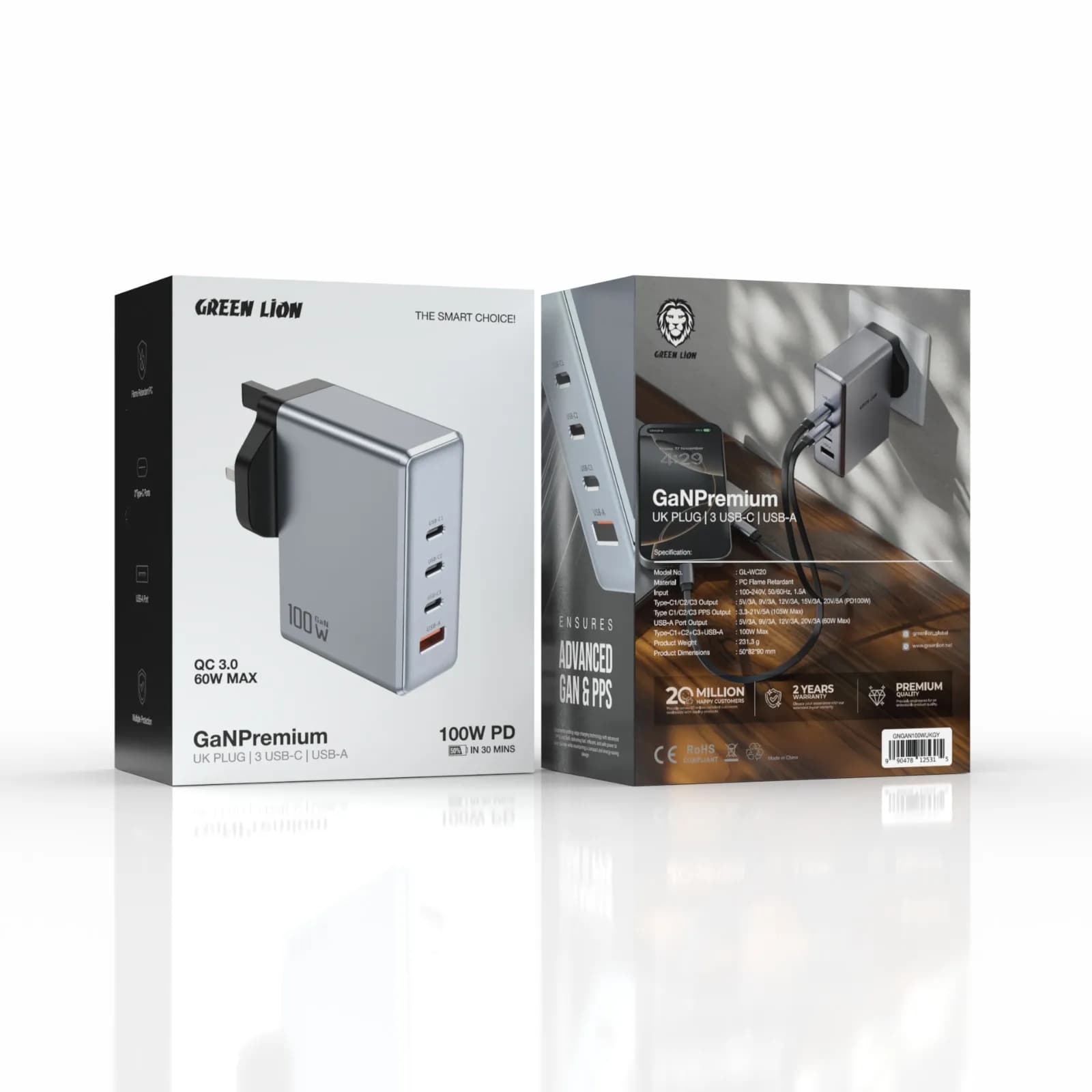 Green Lion GaN Premium UK Plug Wall Charger 100W - Gray 2