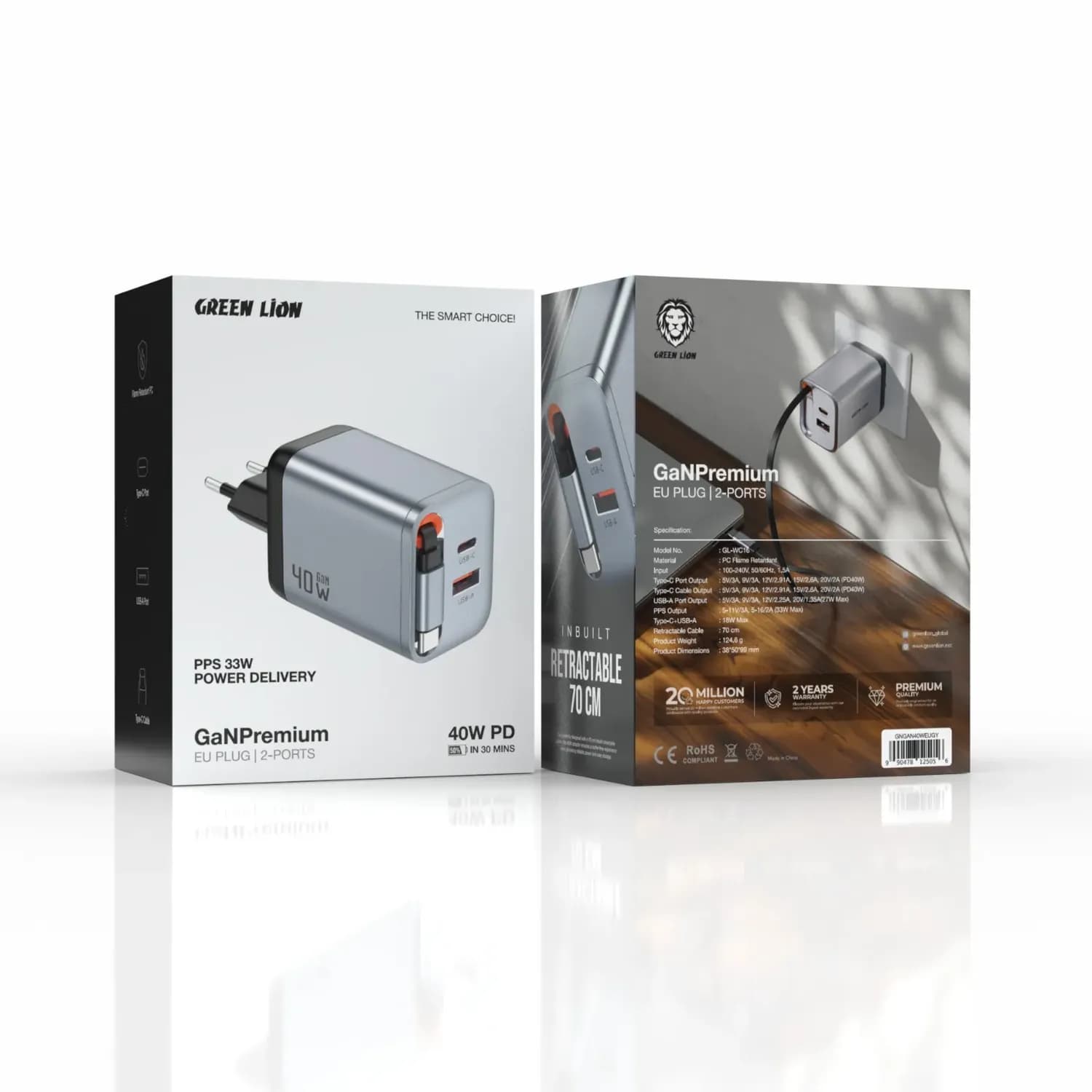Green Lion GaN Charger - 40W PD, Dual Ports, Grey 4