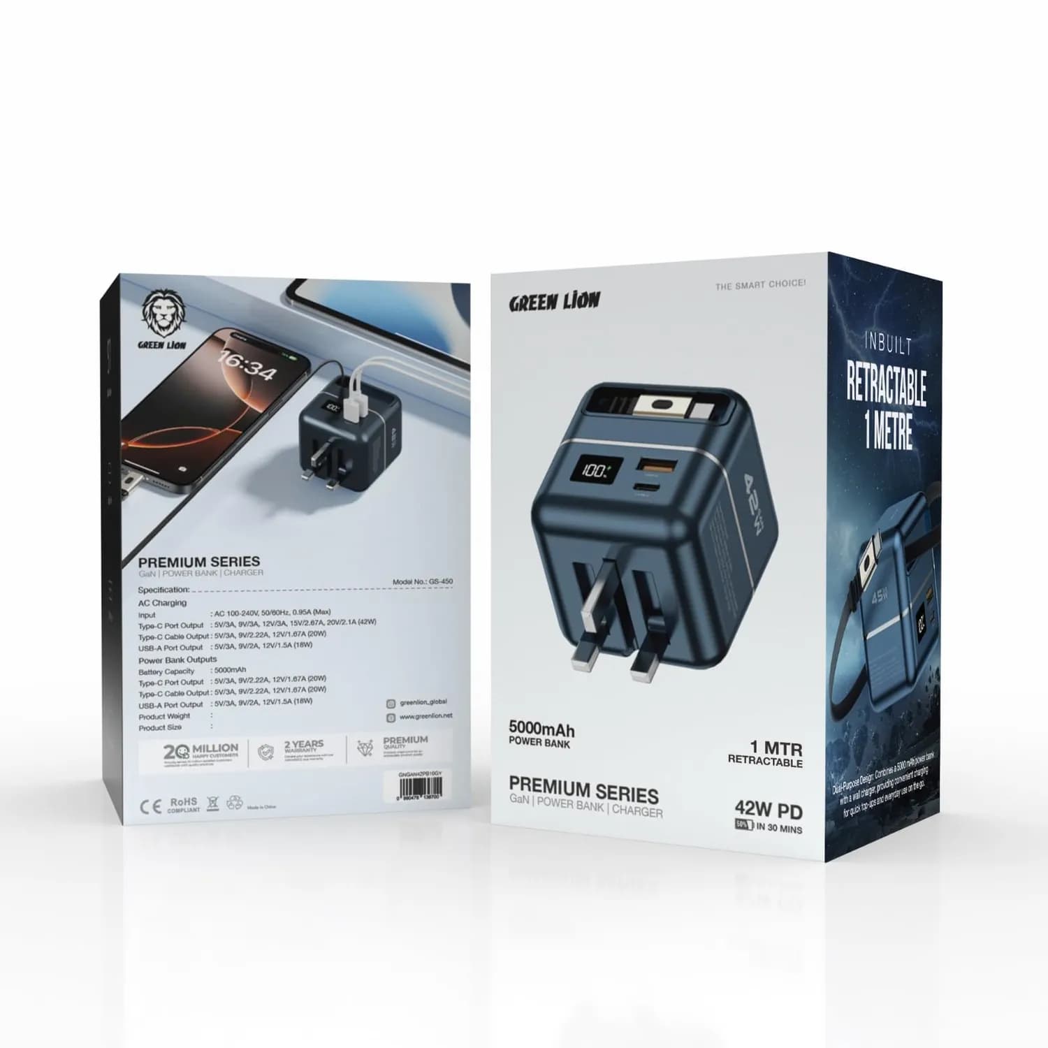 Green Lion 2-in-1 GaN Charger & Power Bank - 45W PD, 5000mAh, Gray 3