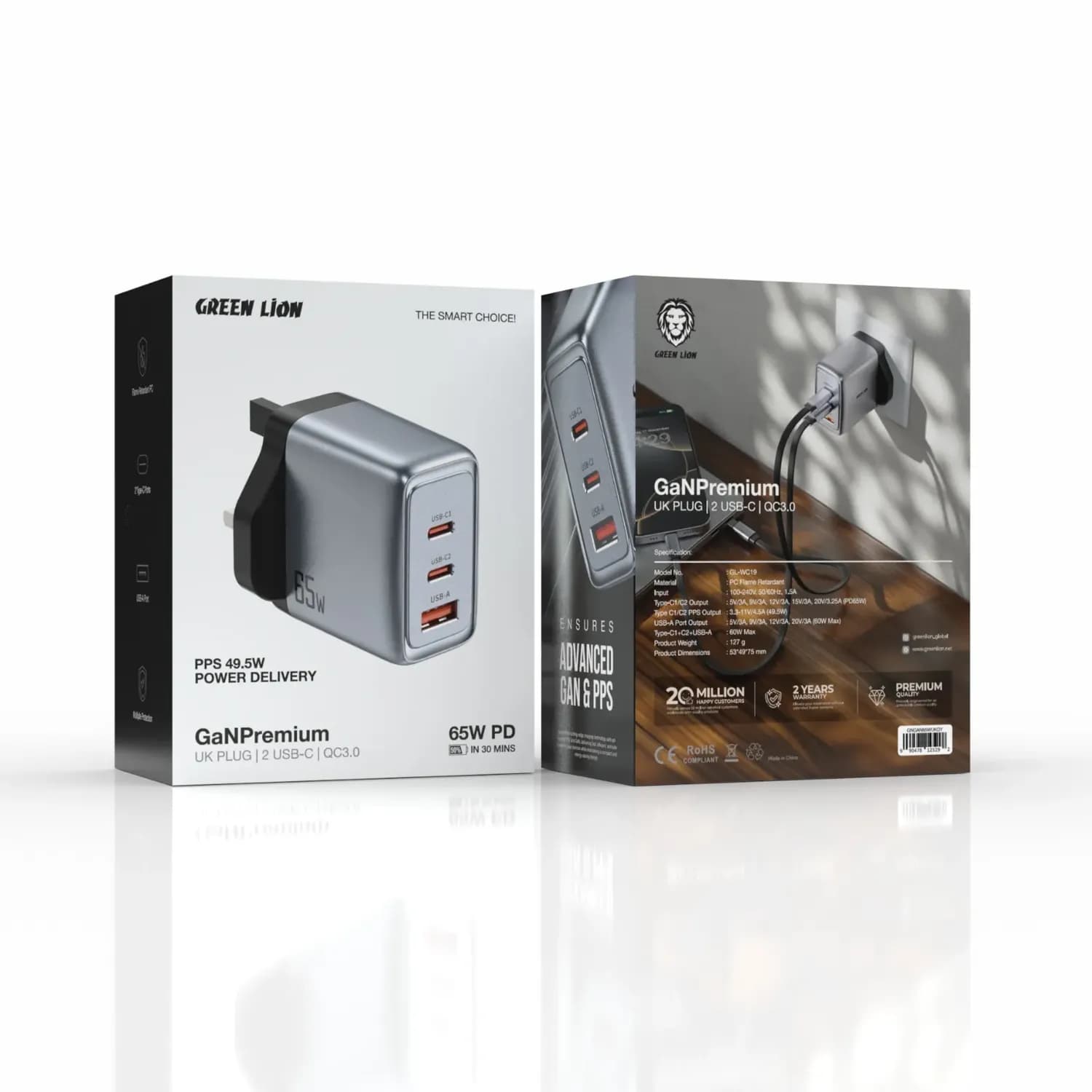 GREEN LION Wall Charger - 65W PD, Dual USB-C & USB-A, Grey — Gray 4