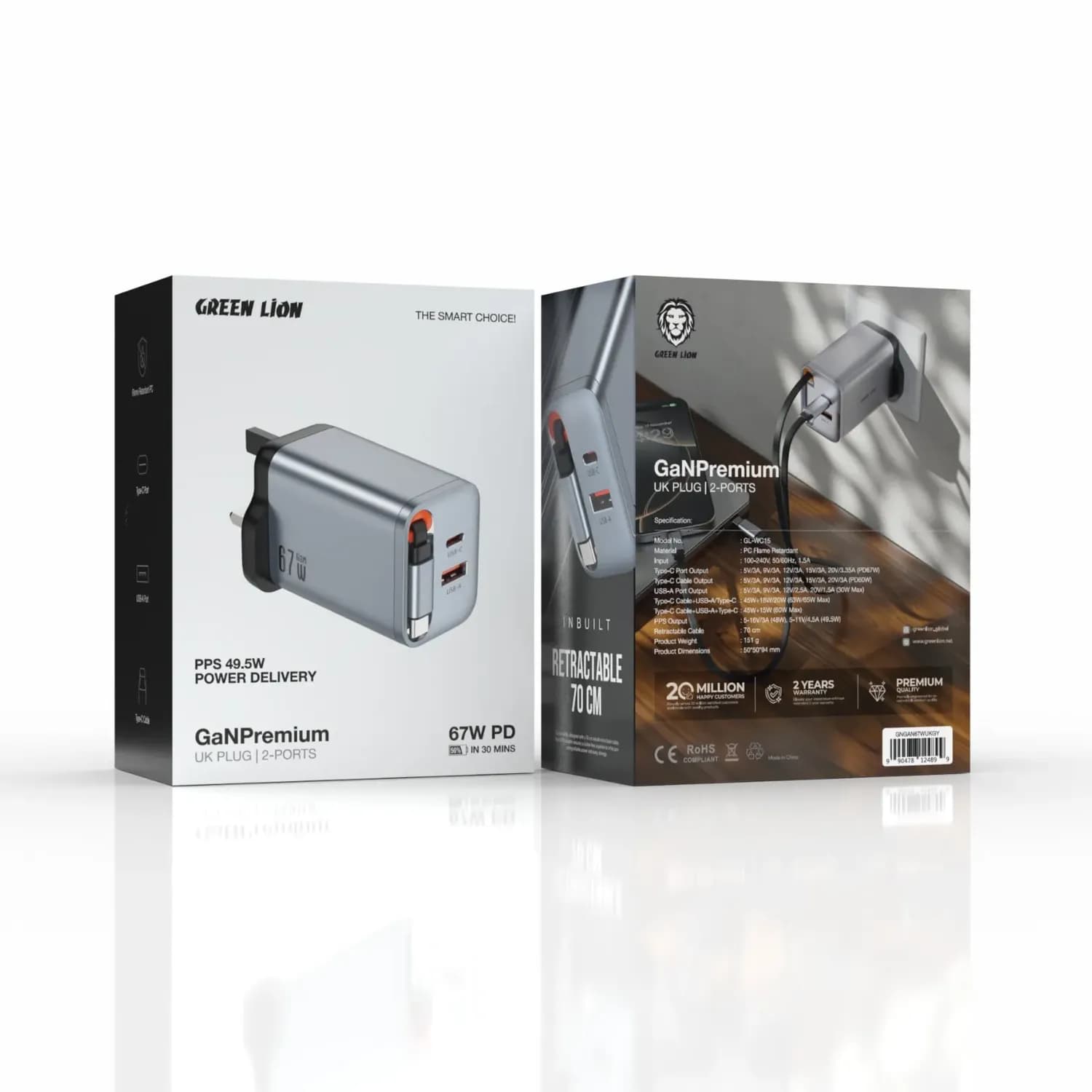 Green Lion Charger - 67W PD Dual Port, Grey 2