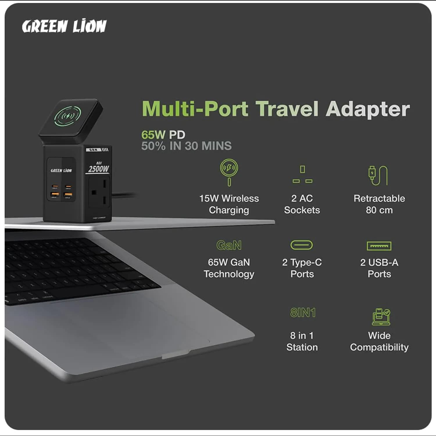 Green Lion GaN Charger - 45W PD Dual USB-C, Gray 2