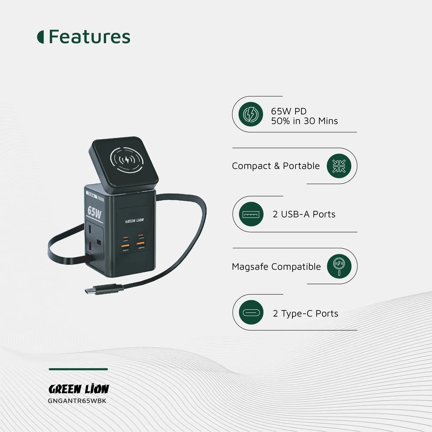 Green Lion Travel Adapter - 65W GaN PD, Wireless Charging, Black 3