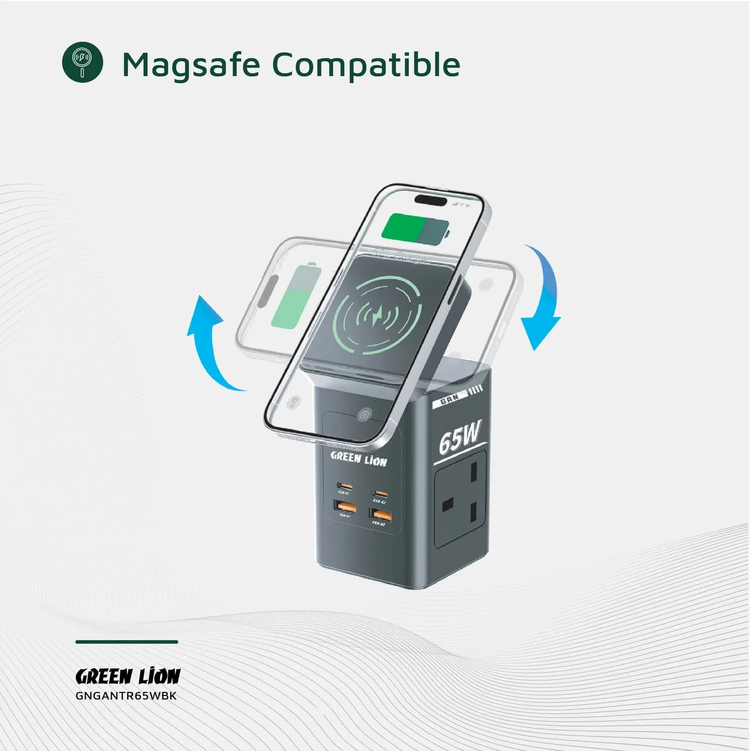 Green Lion Travel Adapter - 65W GaN PD, Wireless Charging, Black 5