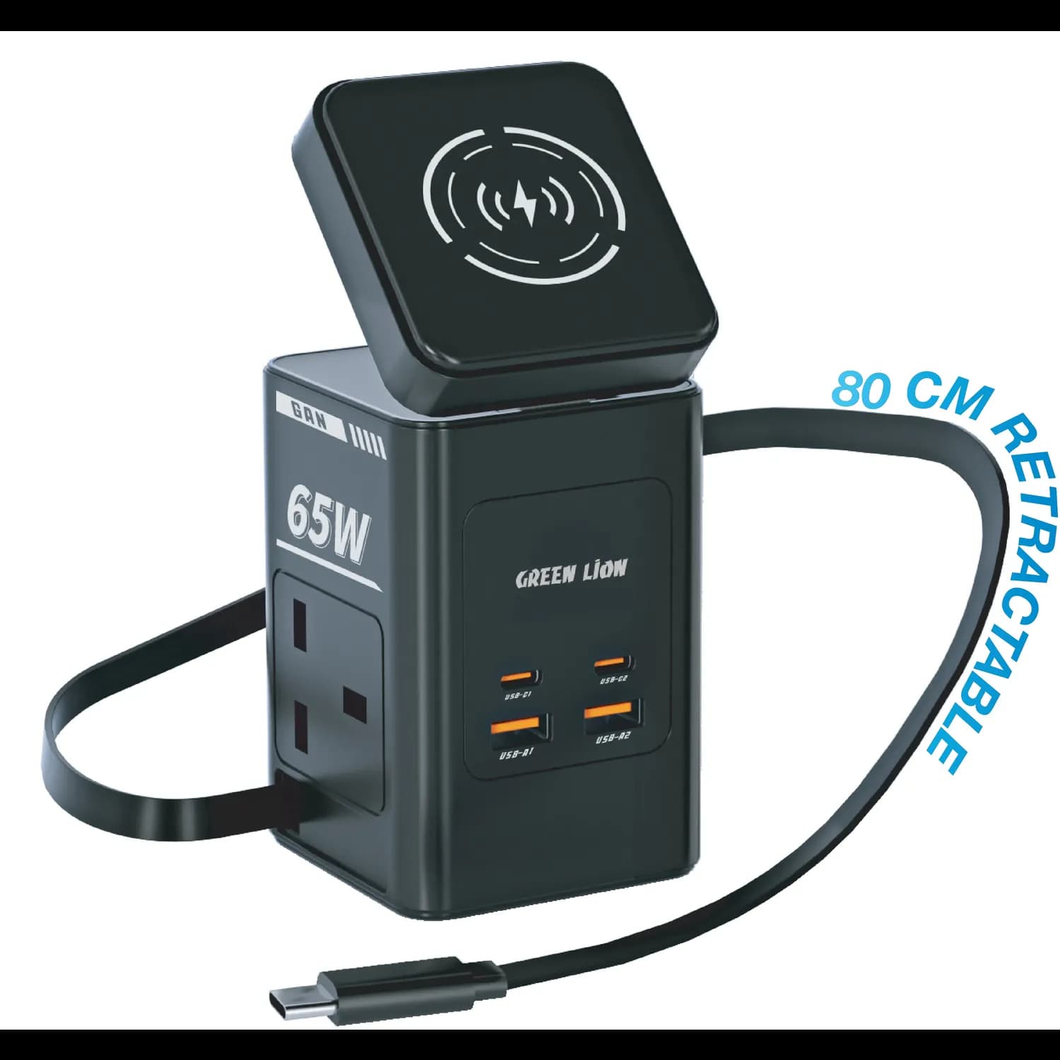 Green Lion Travel Adapter - 65W GaN PD, Wireless Charging, Black 1
