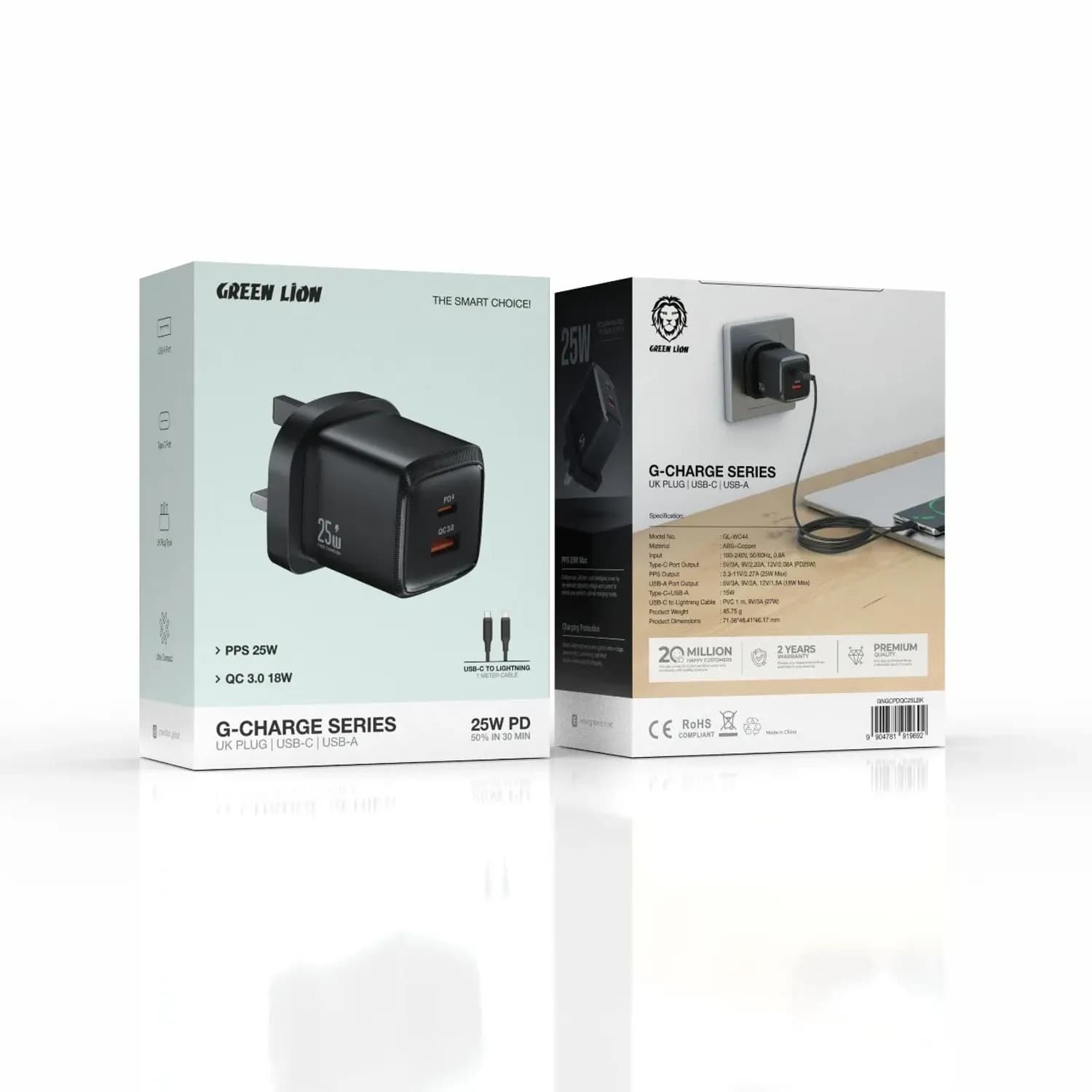 Green Lion Wall Charger G-Charge Series PD+QC 25W Dual Port with 1m L to C Cable, Black 2