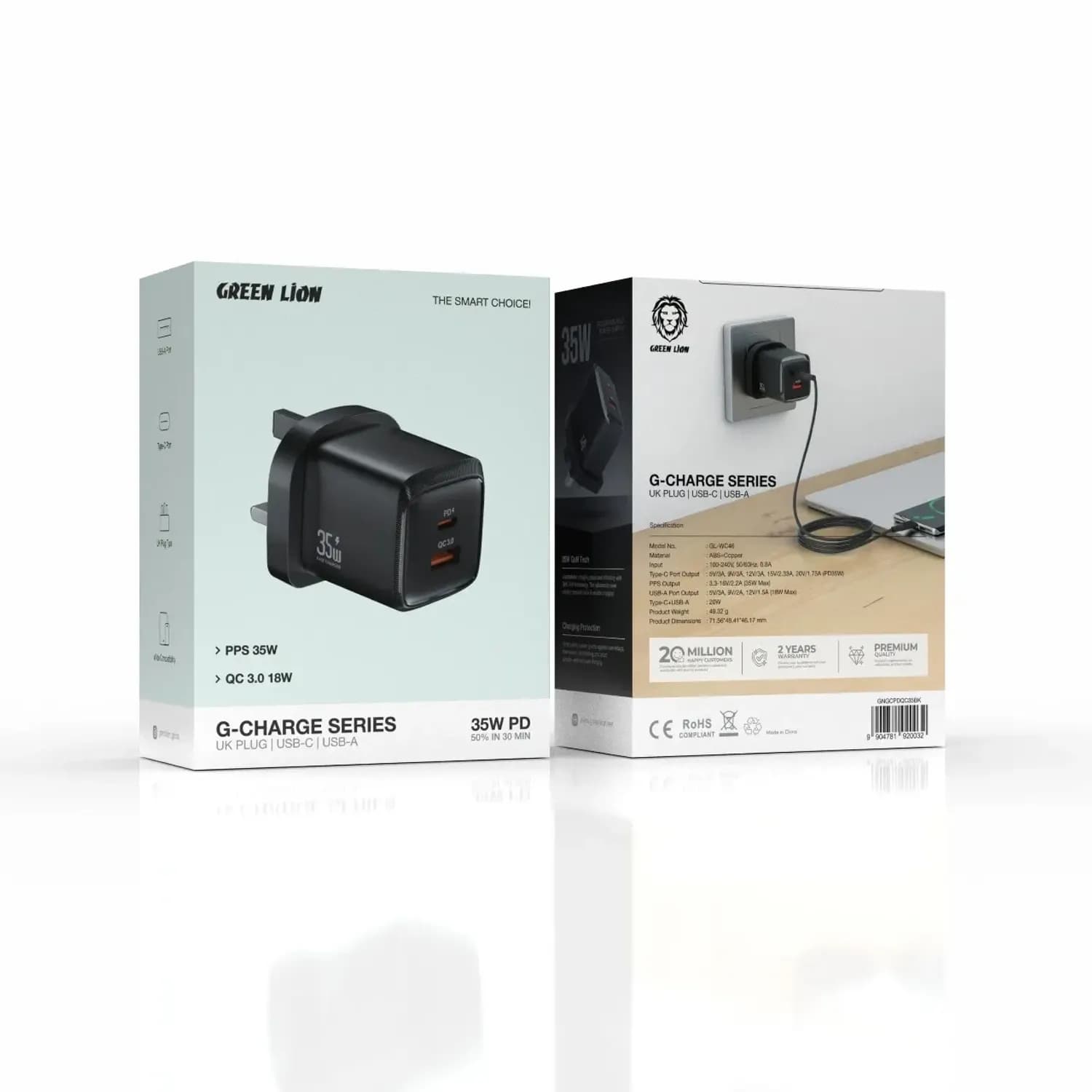 Green Lion Wall Charger G-Charge Series - Dual Port 35W, Black — Green 3