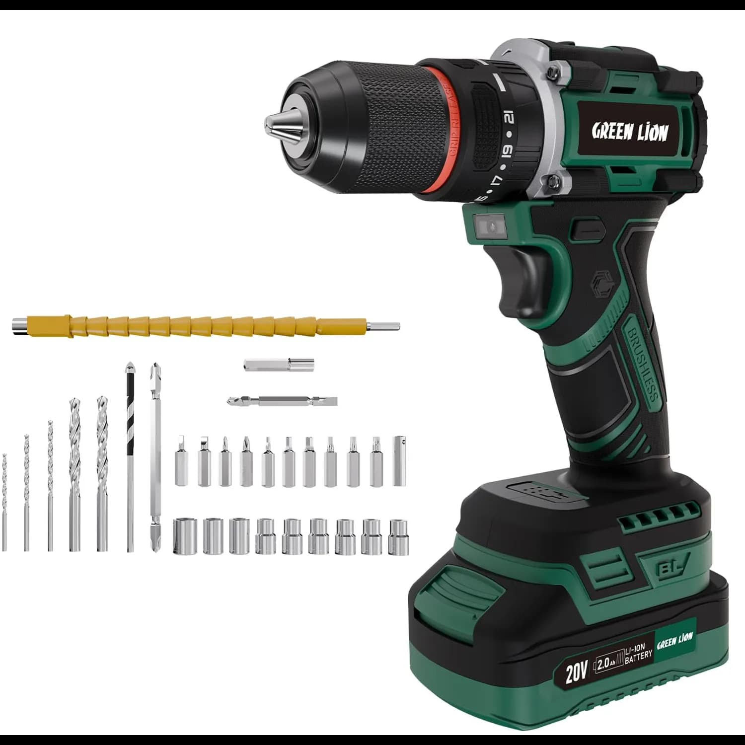 Green Lion Cordless Hammer Drill GD-13 - 20V, 30-Piece Set, Green 1