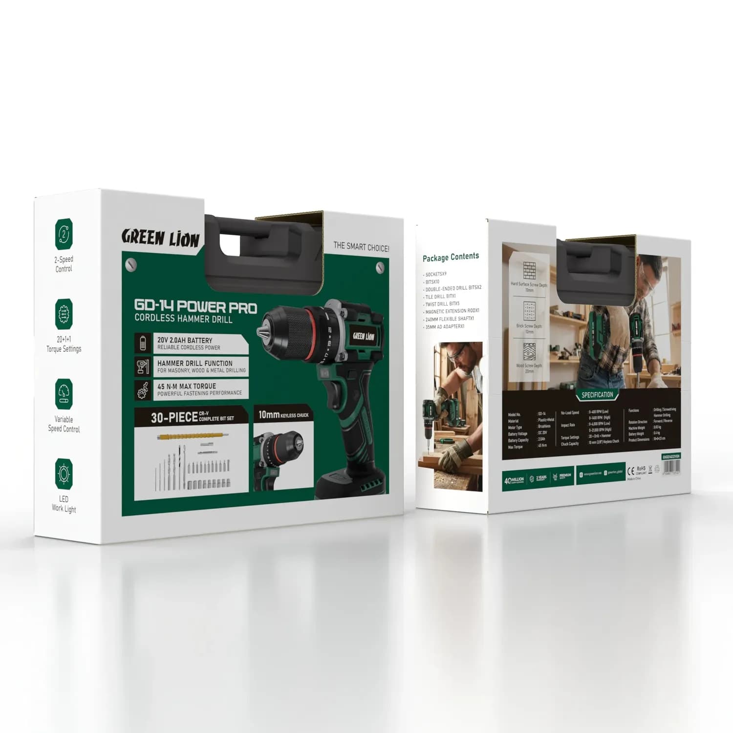 Green Lion Cordless Hammer Drill GD-14 - 20V, 30-Piece Set, Green 5