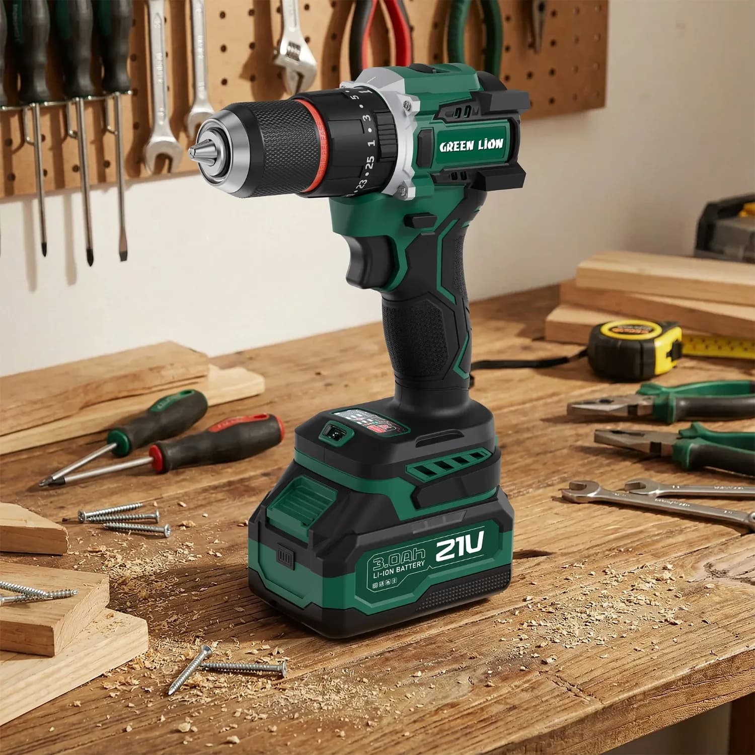 Green Lion Cordless Hammer Drill GD-16 Pro Drive - 2x21V 3.0Ah, Green 3