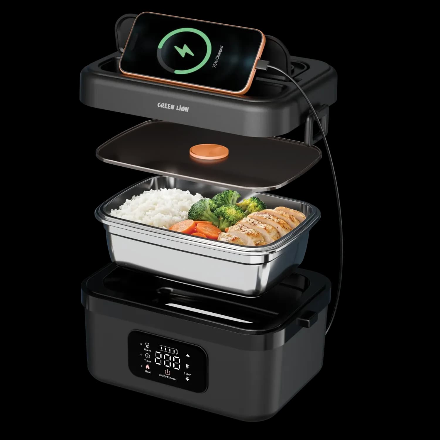 Green Lion Portable Electric Lunch Box - 1L Cordless Food Warmer, Black 1