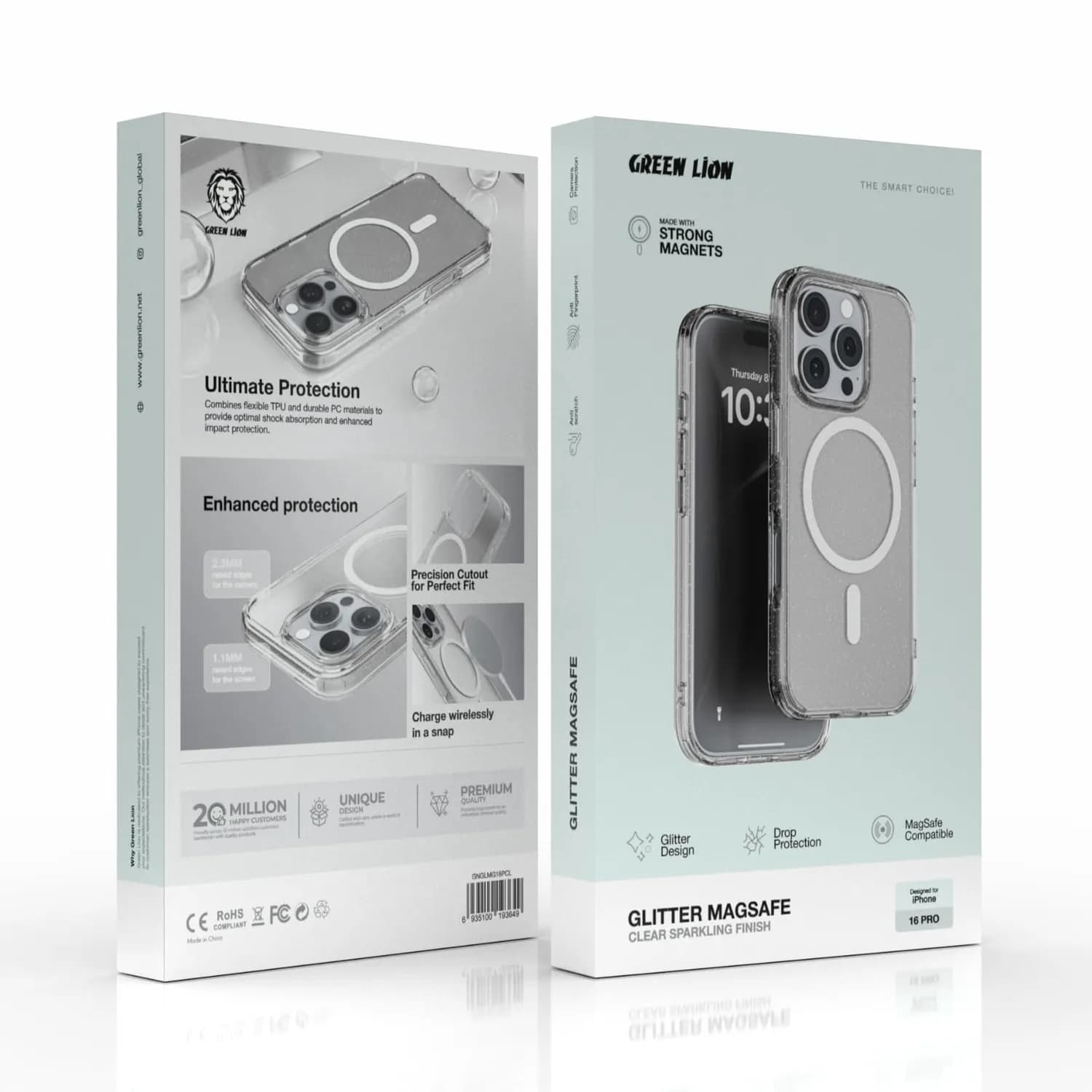 Green Lion Glitter Case iPhone 16 Pro - Magsafe Compatible, Clear 2