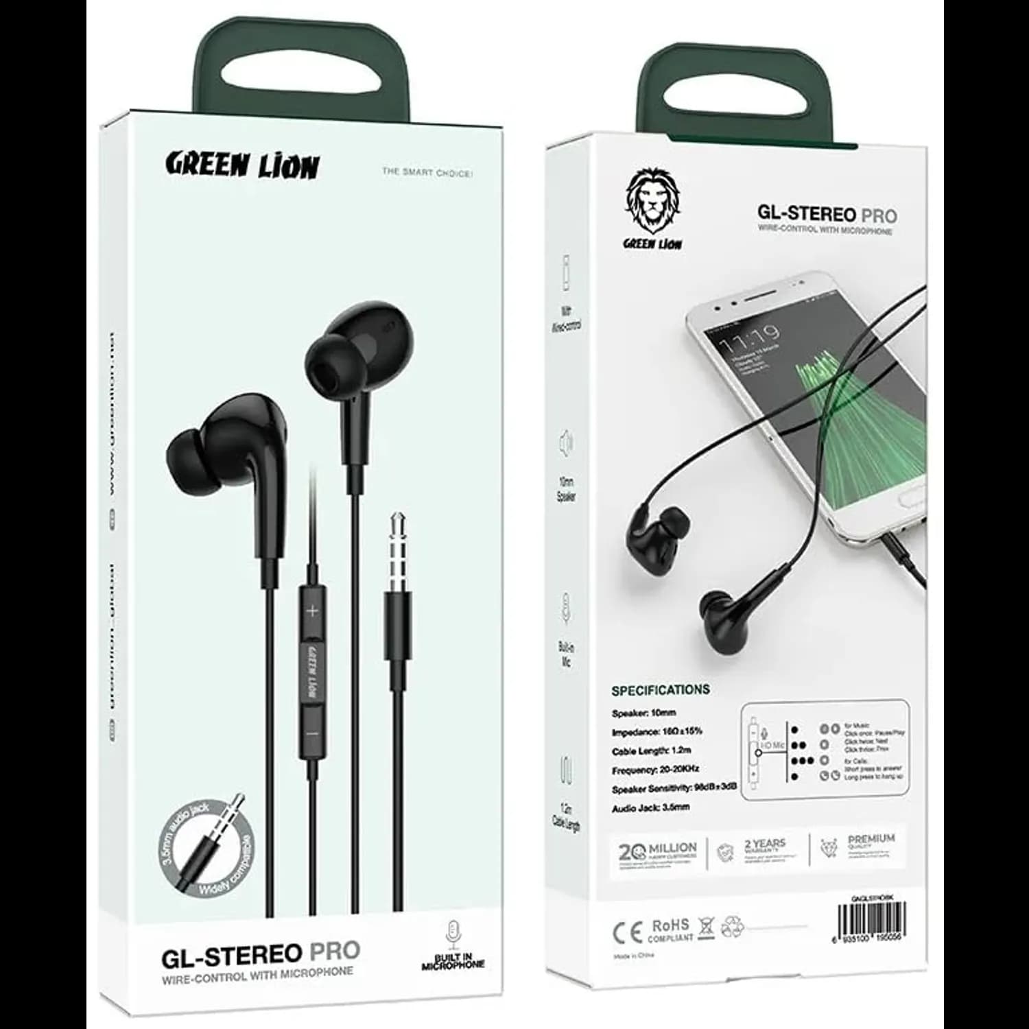 Green Lion Earphones GL-Stereo Pro - Wired with Mic, Black — Black 3