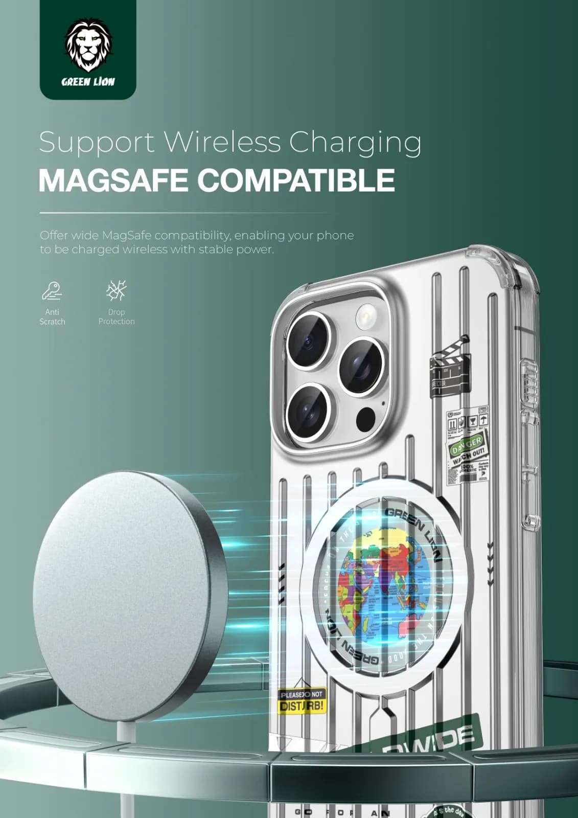 Green Lion Case iPhone 16 Pro - Magnetic Ring, Camera Protection, Silver — Green 2