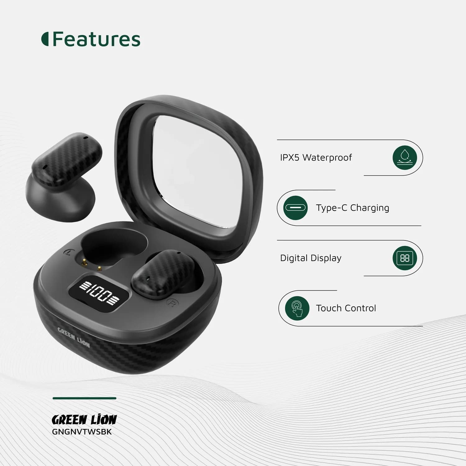 Green Lion Earbuds Geneva True Wireless - AI Calls, IPX5, Black 3