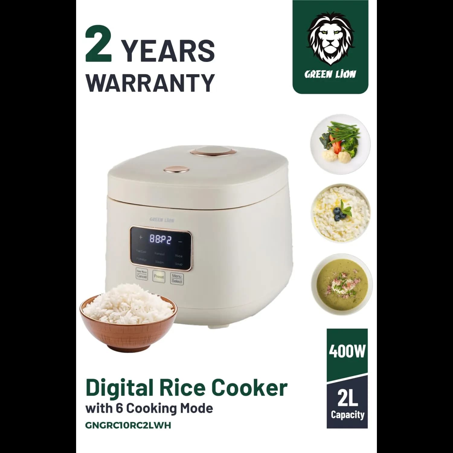 Green Lion Rice Cooker GRC-10 - 2L, Digital, White 2