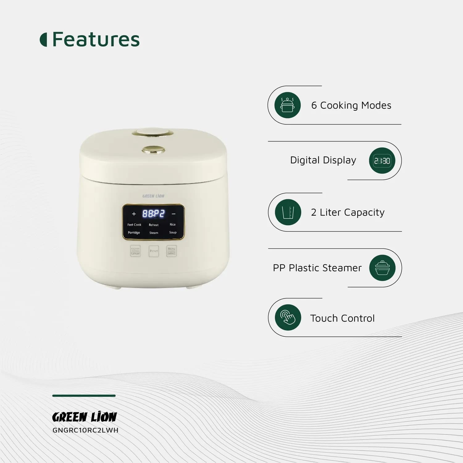 Green Lion Rice Cooker GRC-10 - 2L, Digital, White 4