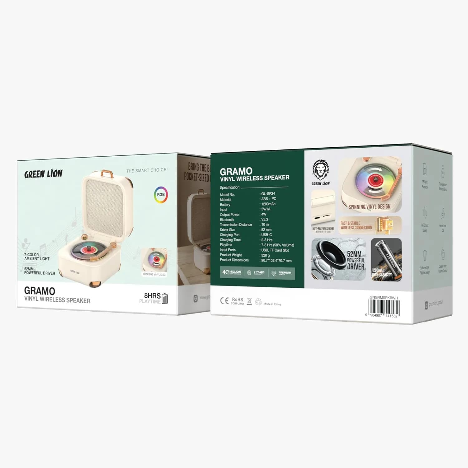 Green Lion Wireless Speaker Gramo - Retro Vinyl, RGB Light, White — Black 4