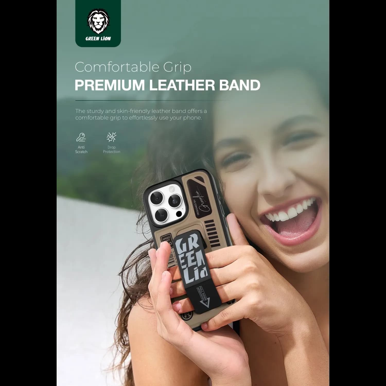 Green Lion Grip for iPhone 16 Pro - Foldable Leather, Desert Titanium 4