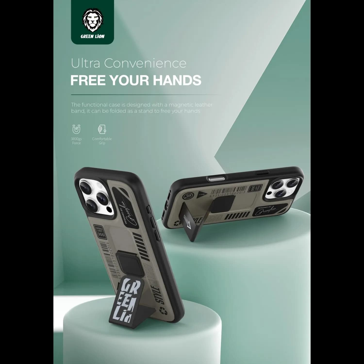Green Lion Grip for iPhone 16 Pro - Foldable Leather, Titanium 5