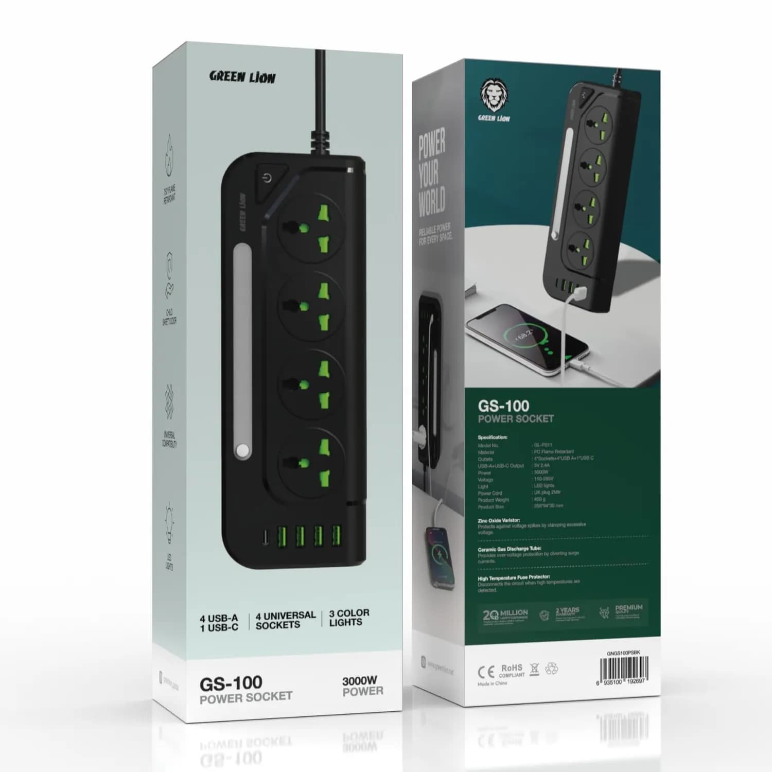 Green Lion Power Socket GS-100 - 3000W, USB-A & USB-C, Black 4