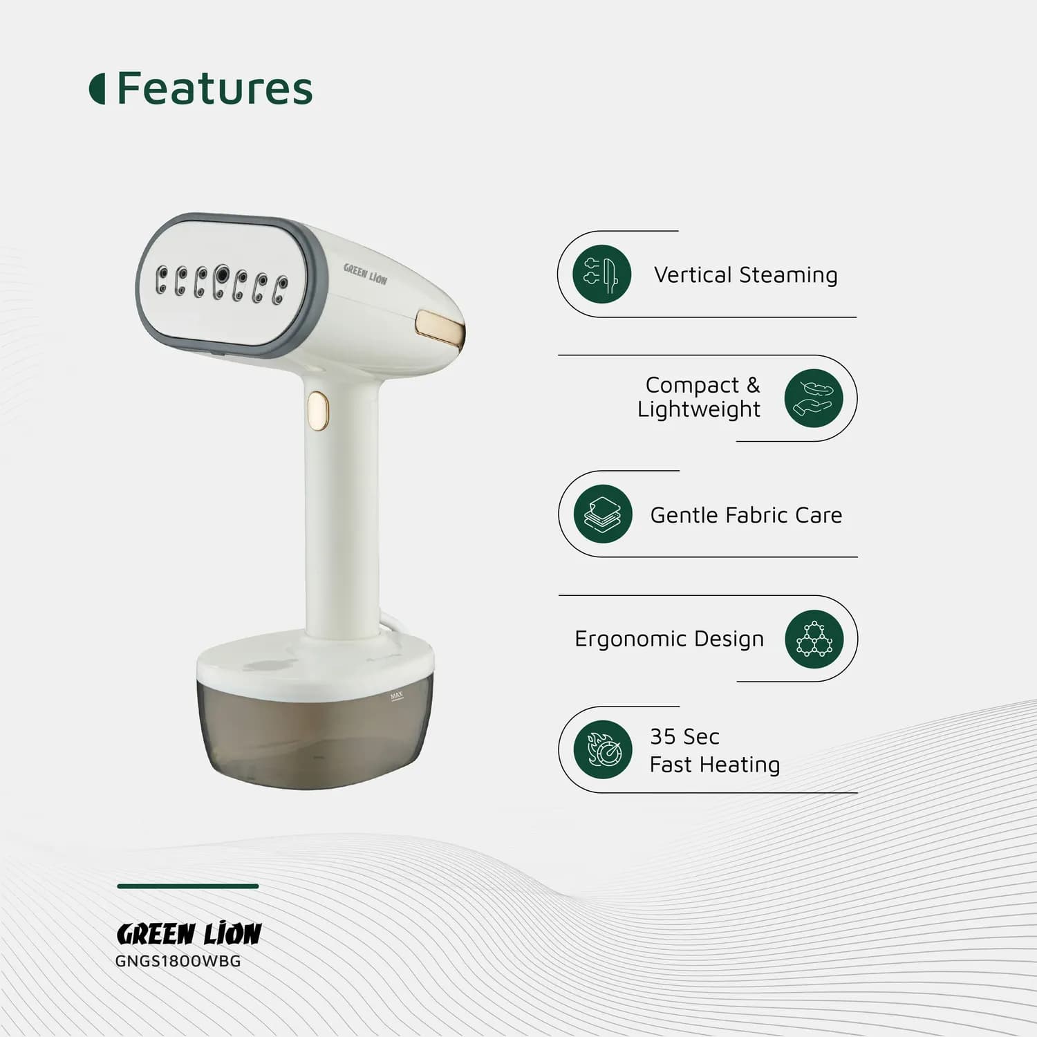 Green Lion Garment Steamer - 1800W, 2.5L, Beige — Black 3