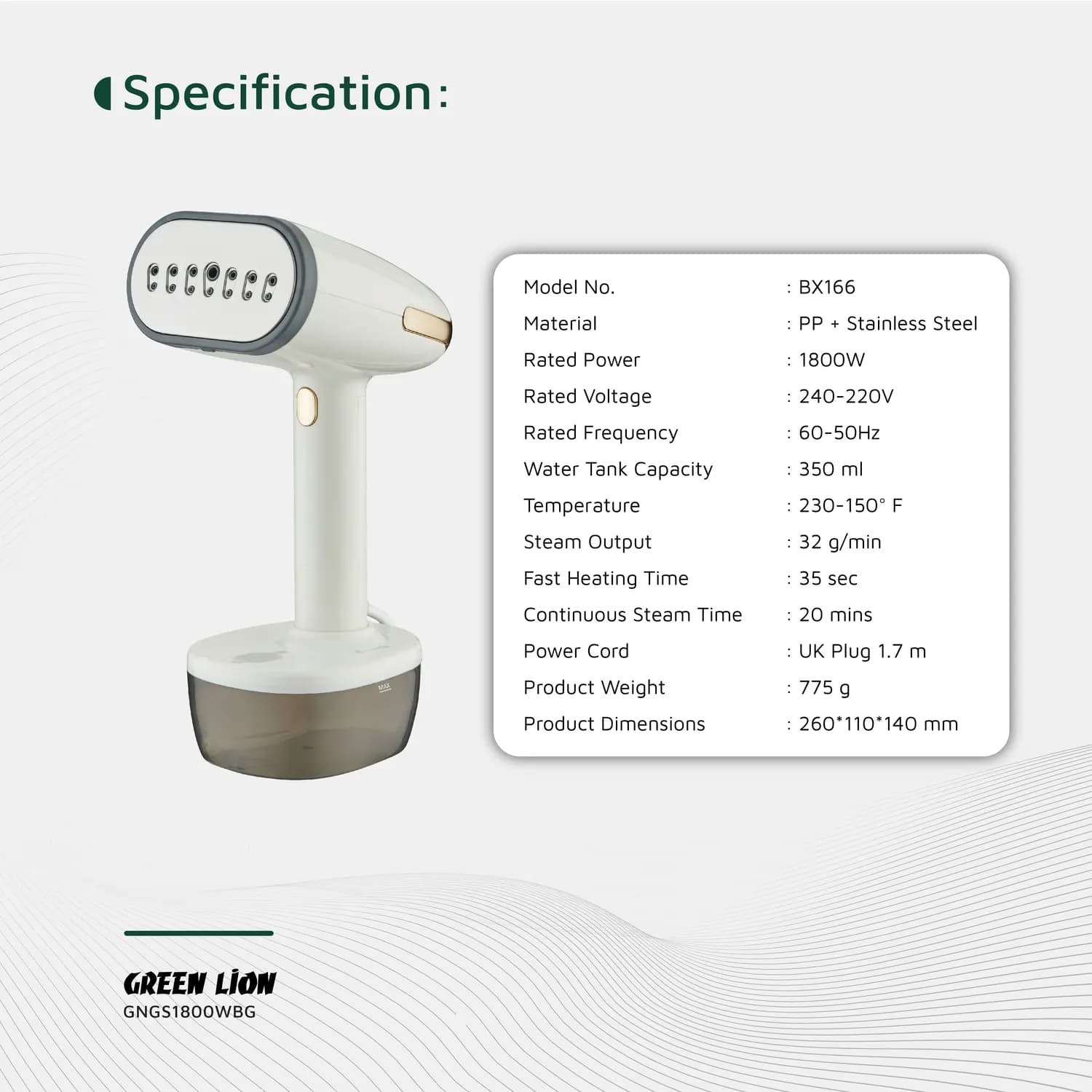 Green Lion Garment Steamer - 1800W, 2.5L, Beige — Black 5