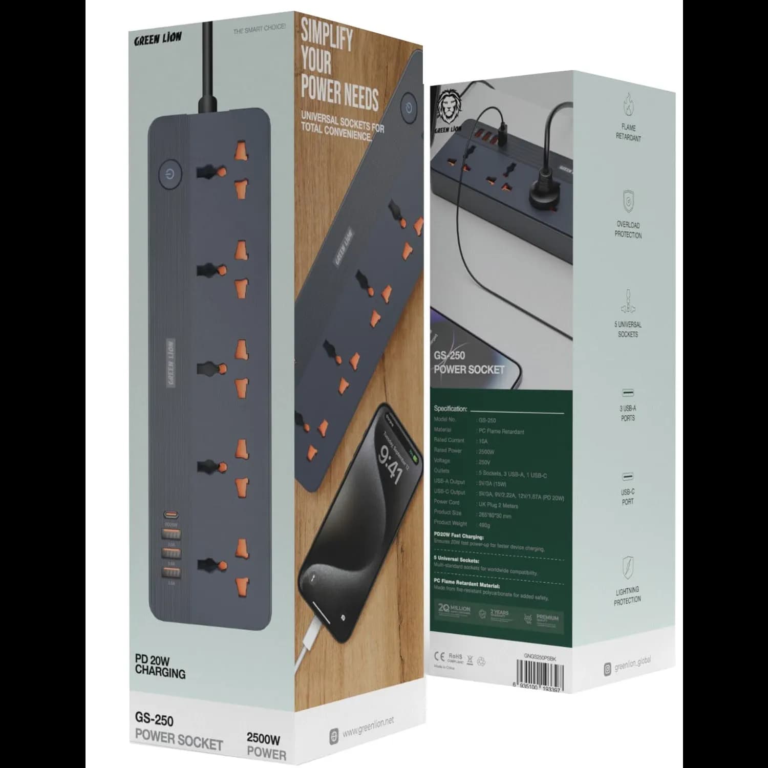 Green Lion Power Socket GS-250 - 5 Outlets, 3 USB-A, USB-C PD 20W, Black 4