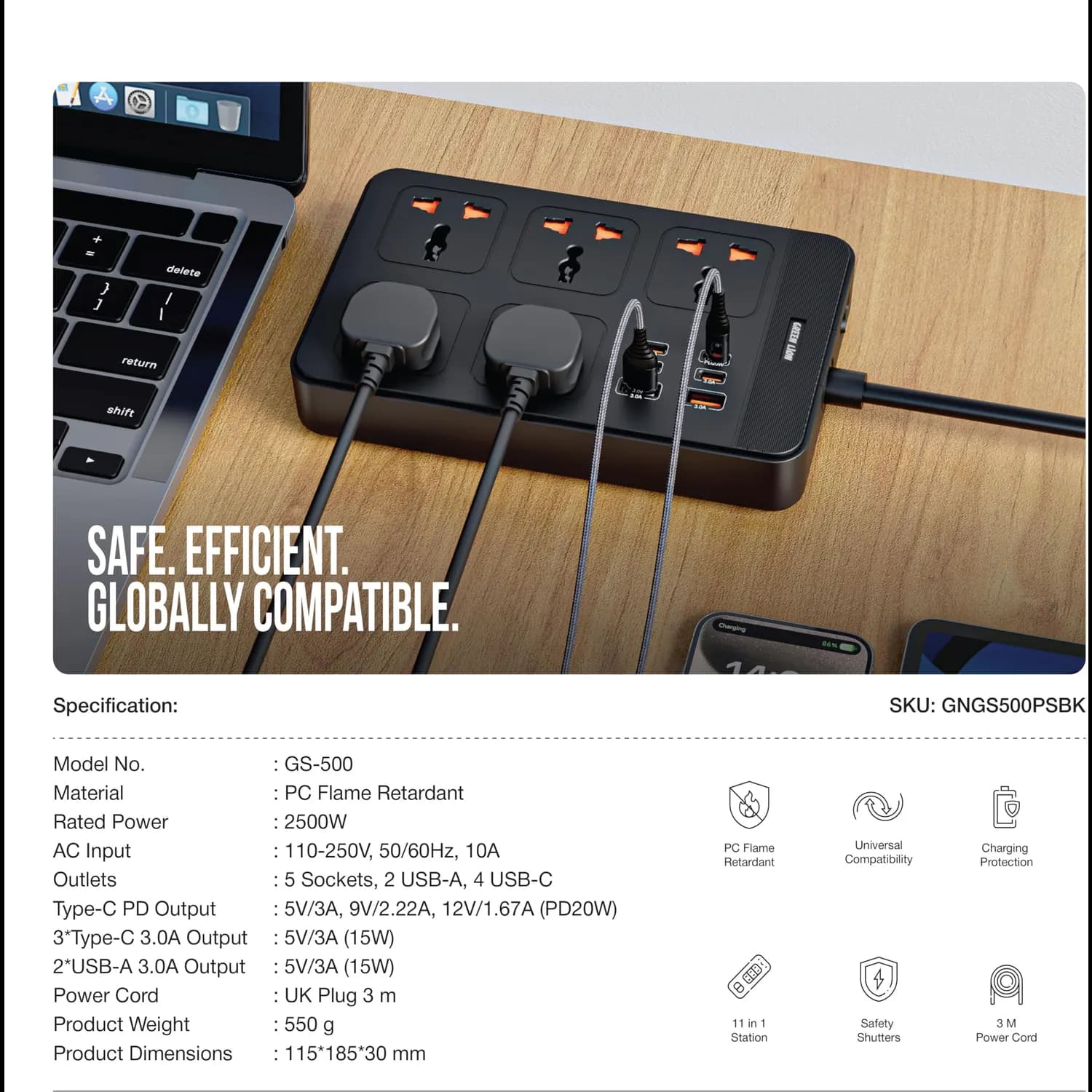 Green Lion Power Socket GS-500 - 5 AC, 6 USB Ports, Black 3