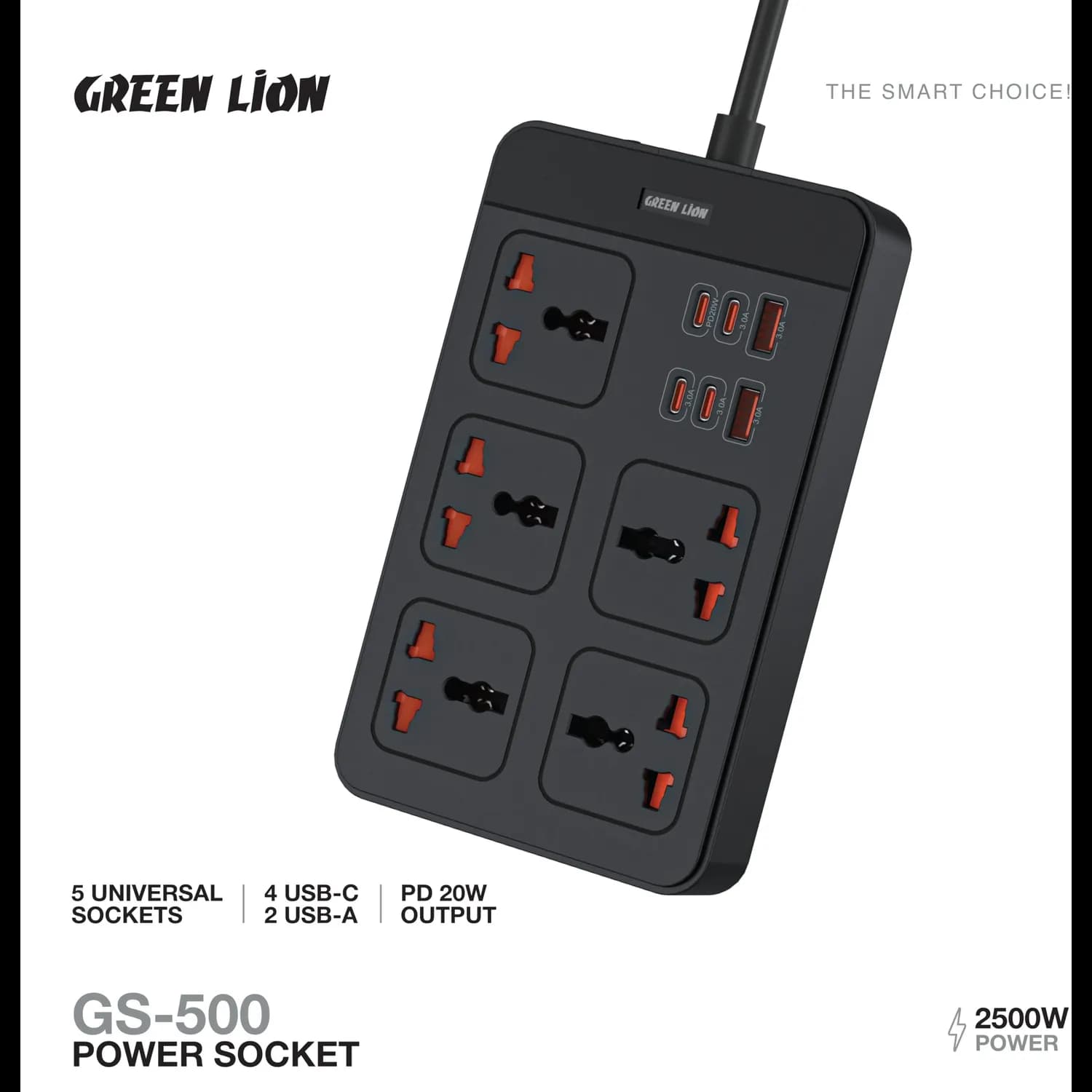 Green Lion Power Socket GS-500 - 5 AC, 6 USB Ports, Black 4