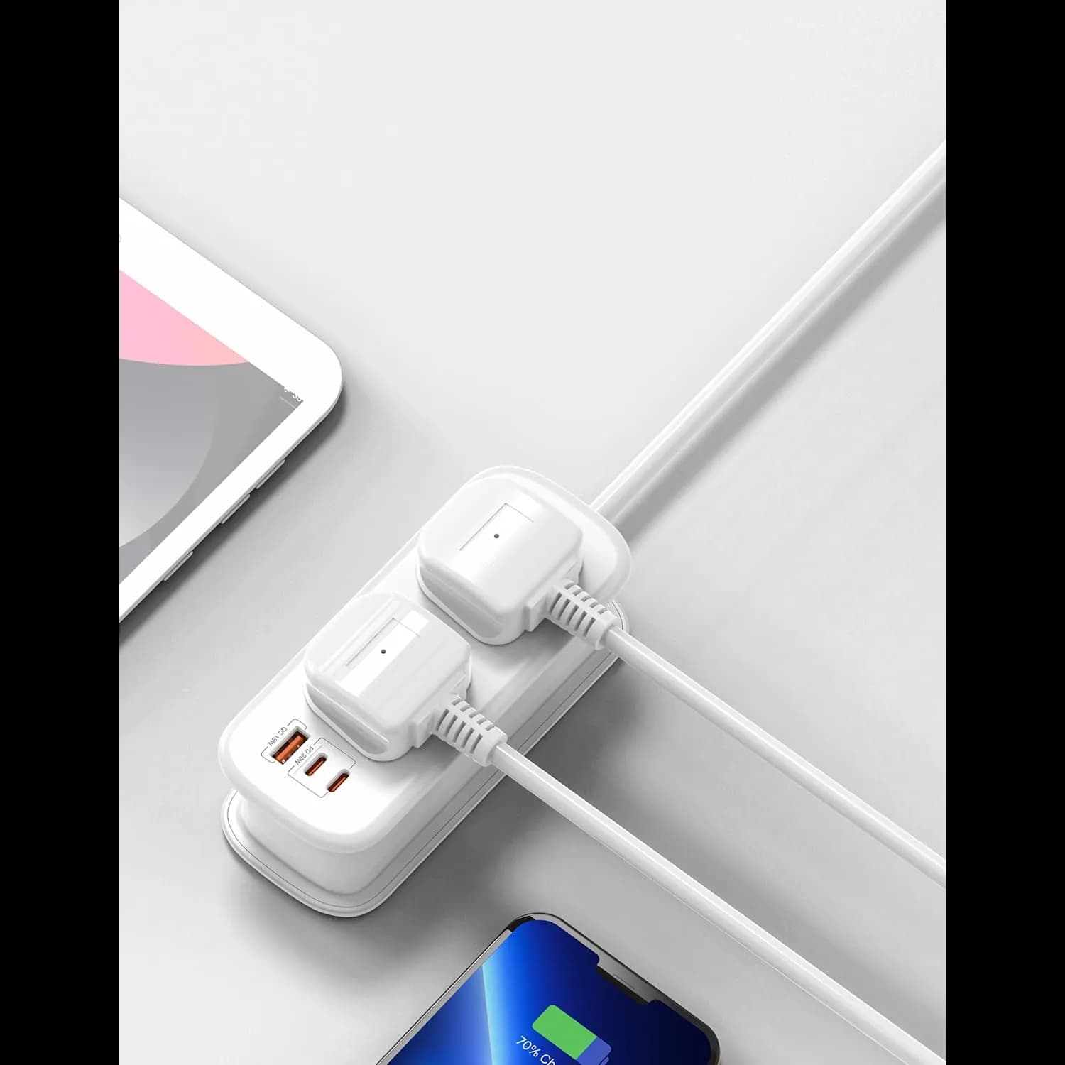 Green Lion Power Strip GS-600 - 2 UK Outlets, USB-C PD 30W, USB-A QC, White 2
