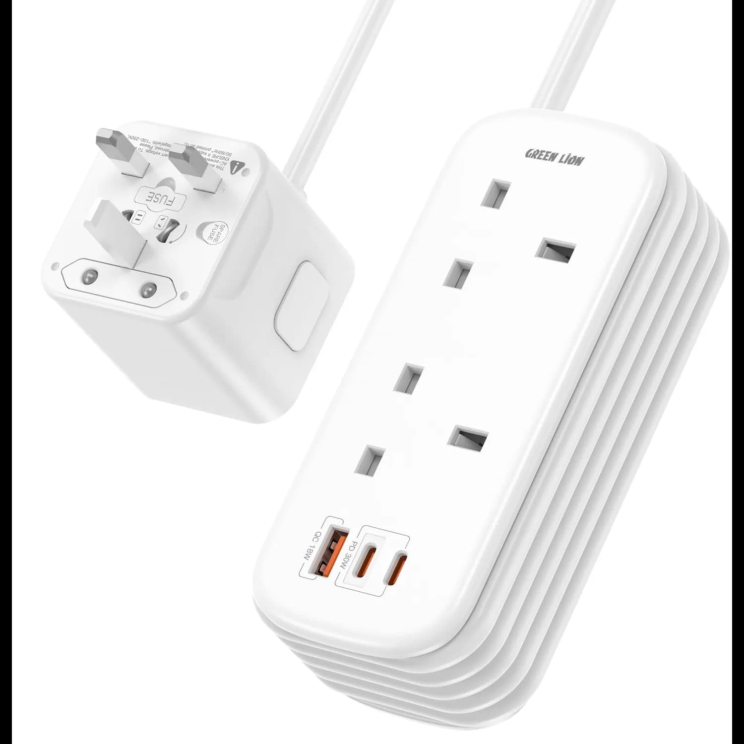 Green Lion Power Strip GS-600 - 2 UK Outlets, USB-C PD 30W, USB-A QC, White 1 Green Lion Power Strip GS-600 - 2 UK Outlets, USB-C PD 30W, USB-A QC, White 1