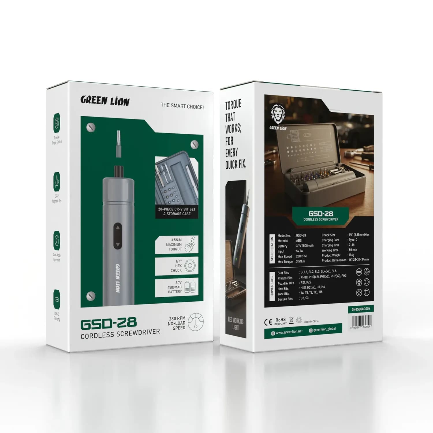 Green Lion Cordless Screwdriver GSD-28 - 28 Bit Set, LED Light, Grey 2