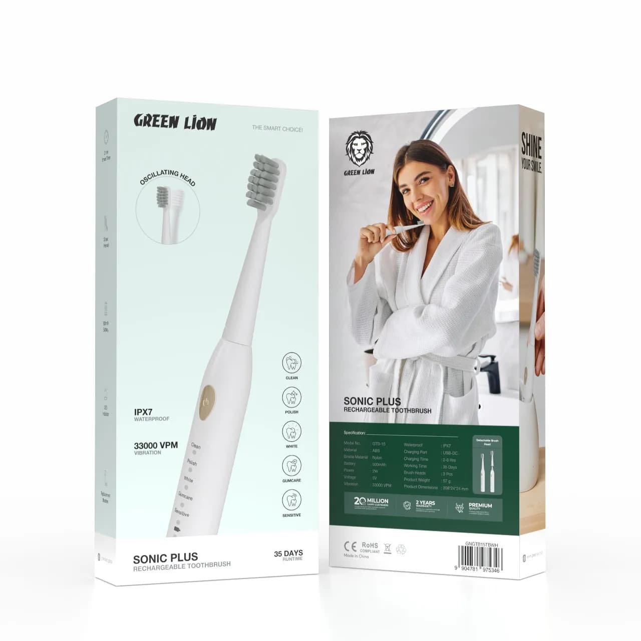 Green Lion Sonic Plus Toothbrush GNGTB15TBWH - Rechargeable, White 1