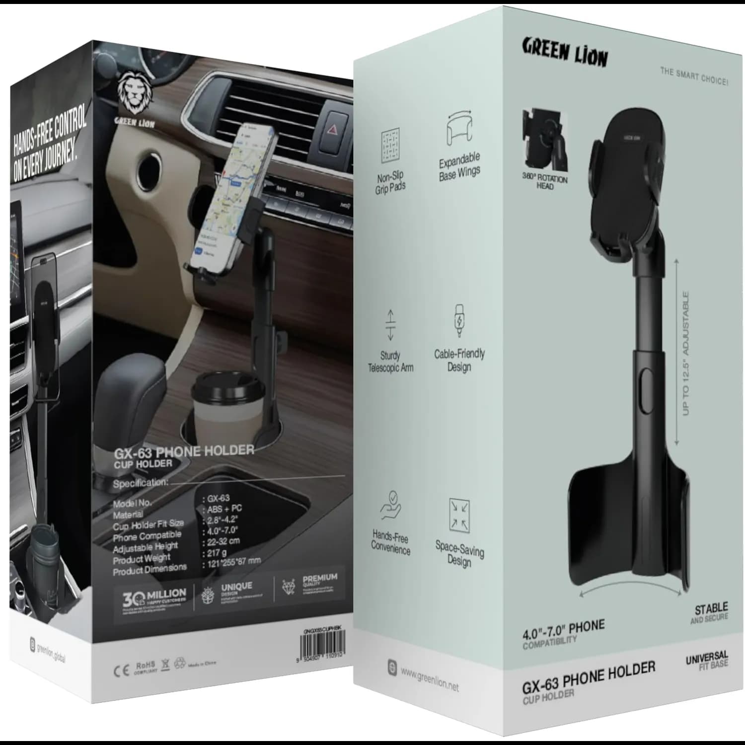 Green Lion Car Cup Holder Phone Mount GX-63 - Adjustable Arm, 360° Rotation, Black 5