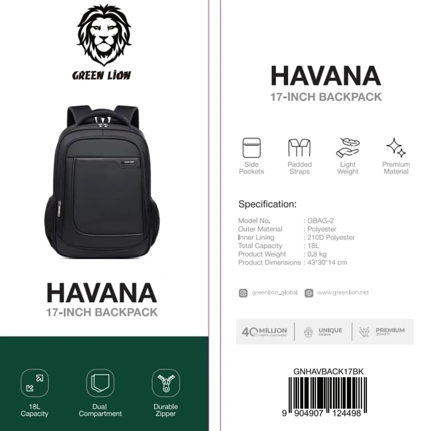 Green Lion Backpack Havana 17 Inch - 18L, Black 2