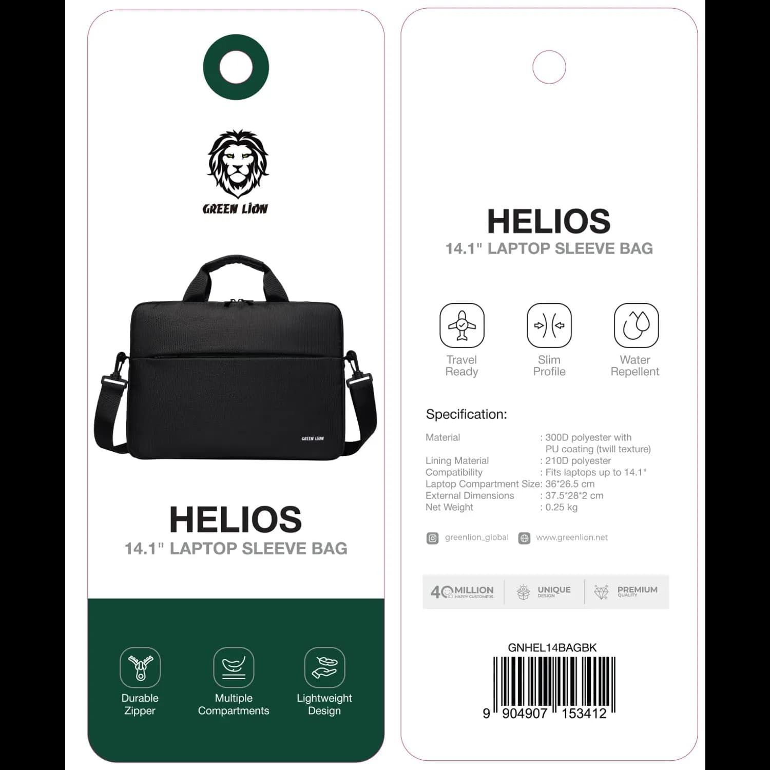 Green Lion Laptop Sleeve HELIOS - Water Repellent, Black 2