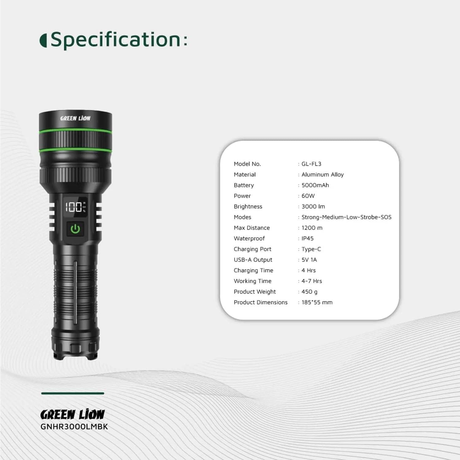 Green Lion LED Torch Hyper Ray Pro - 3000 Lumens, USB-C, Black 5