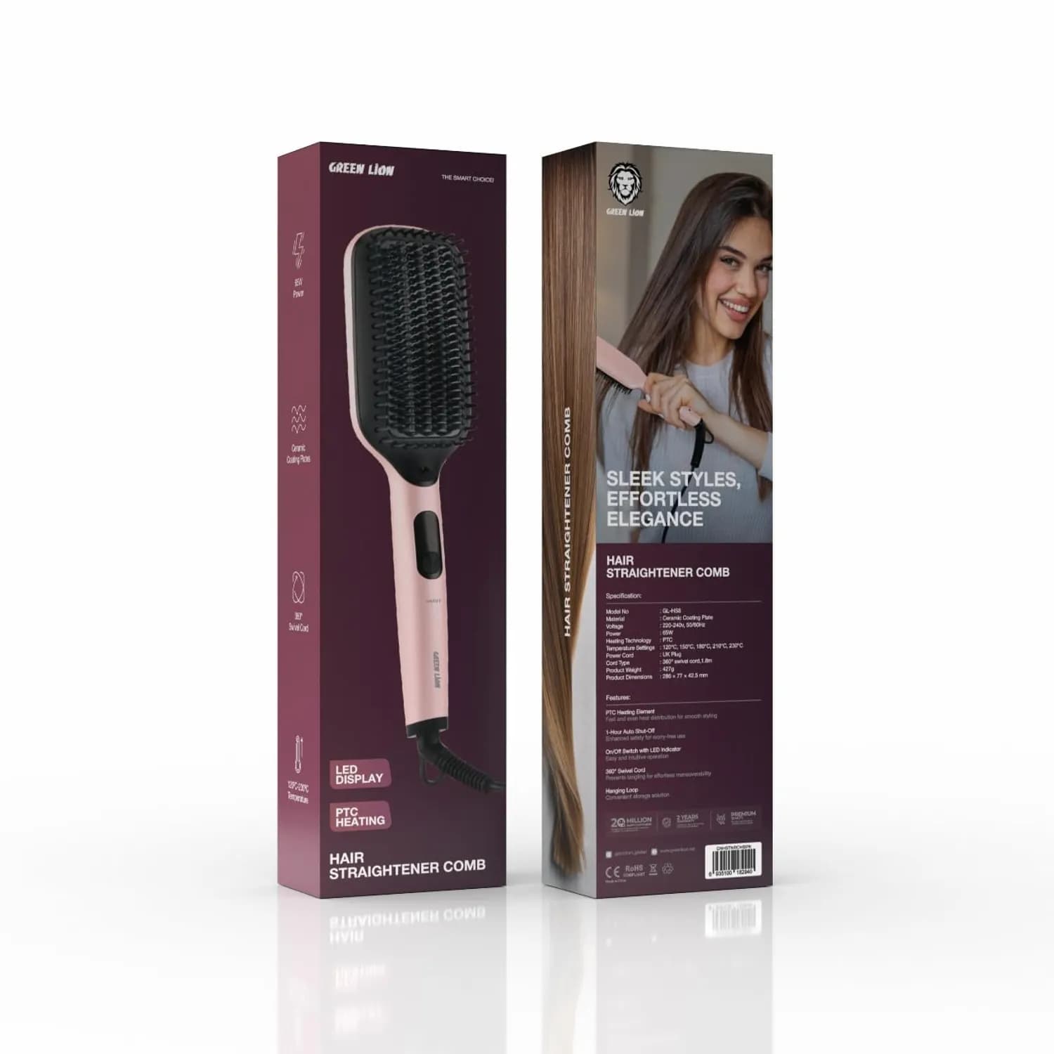 Green Lion Straightener Comb - Ceramic Coating, Pink 4
