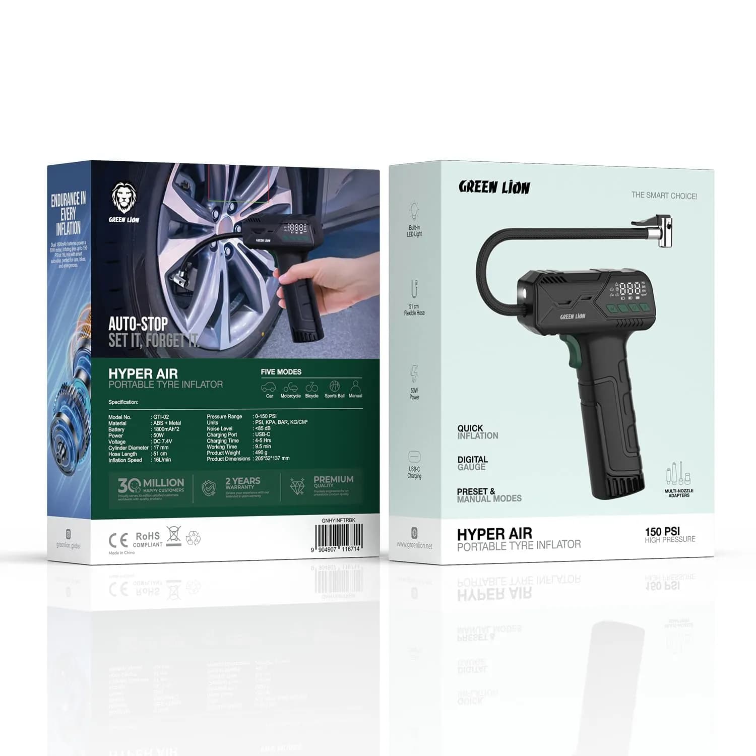 Green Lion Tyre Inflator Hyper Air - 150 PSI, USB-C, Black 5
