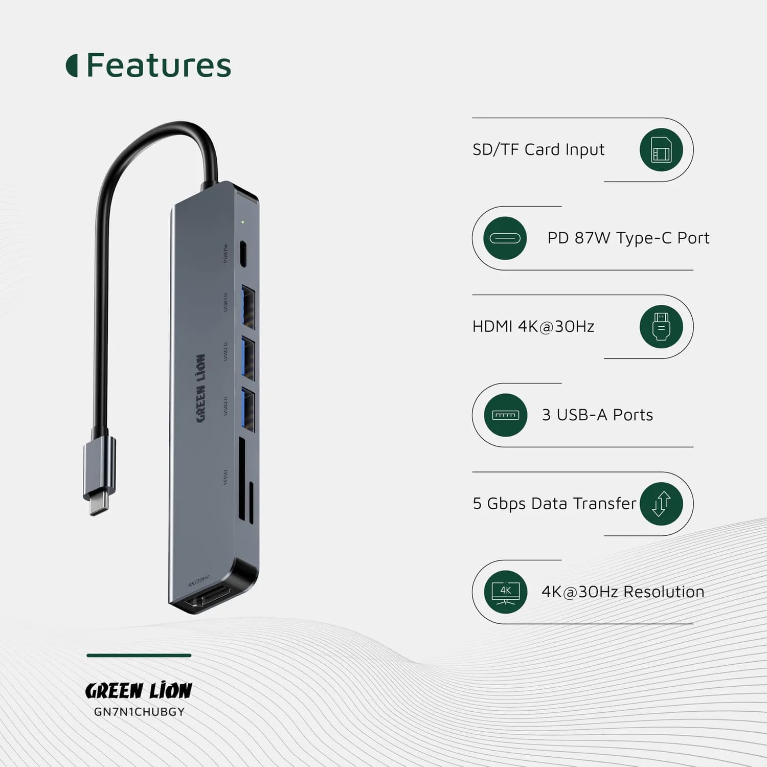 Green Lion USB-C Hub - 7-in-1, 87W PD, Gray 4