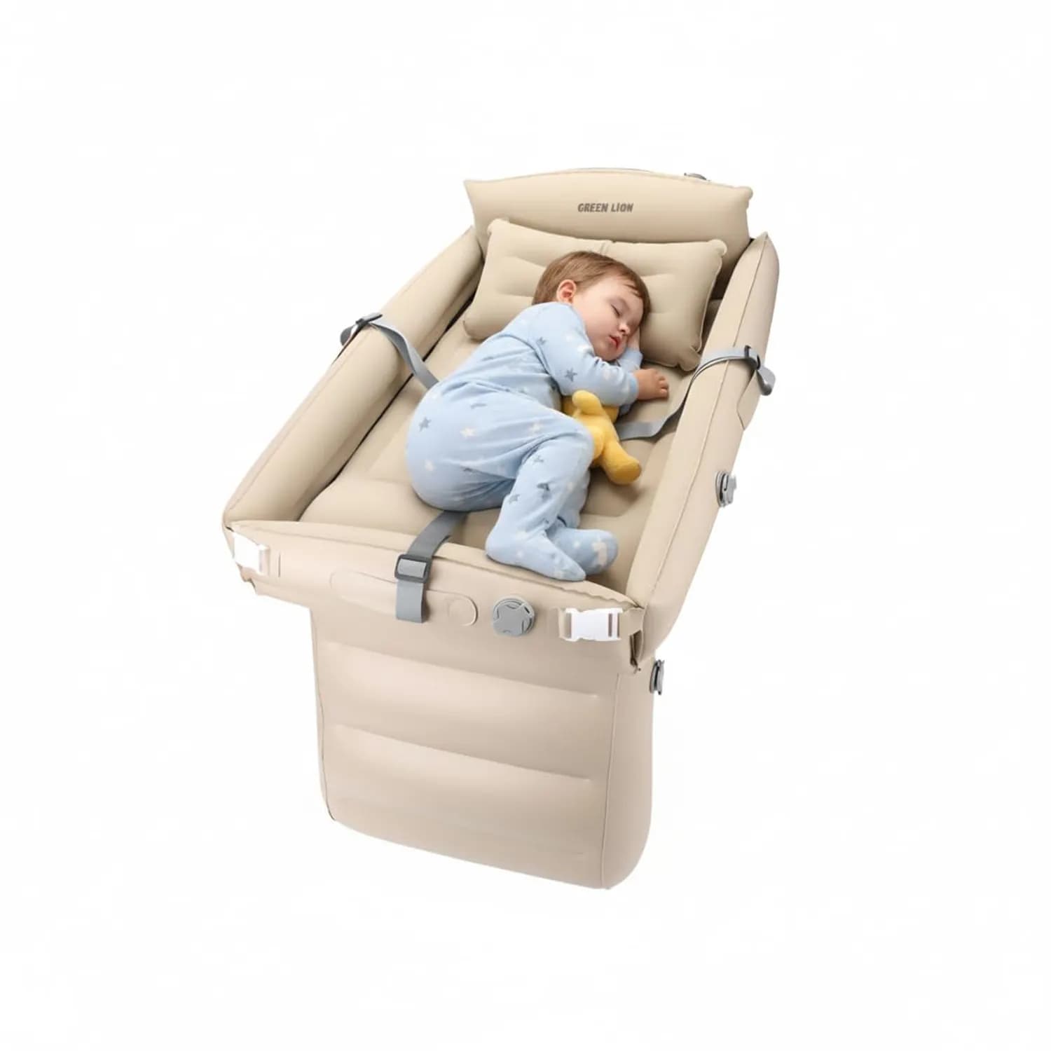 Green Lion Inflatable Toddler Travel Bed - Built-in Pillow, Beige 2